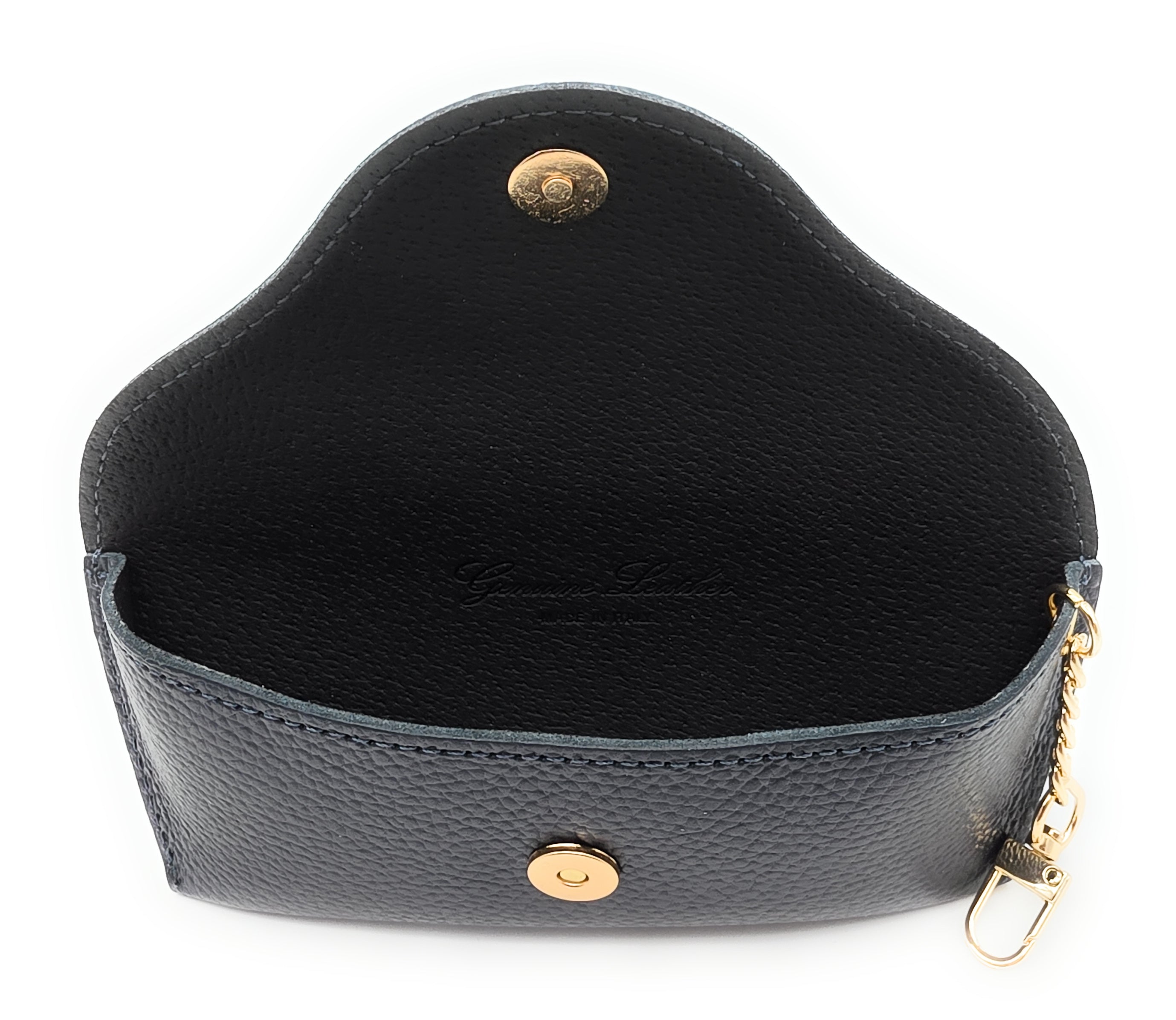 Brillenetui aus echtem Leder mit Magnetverschluss und Karabinerkette – Made in Italy navy
