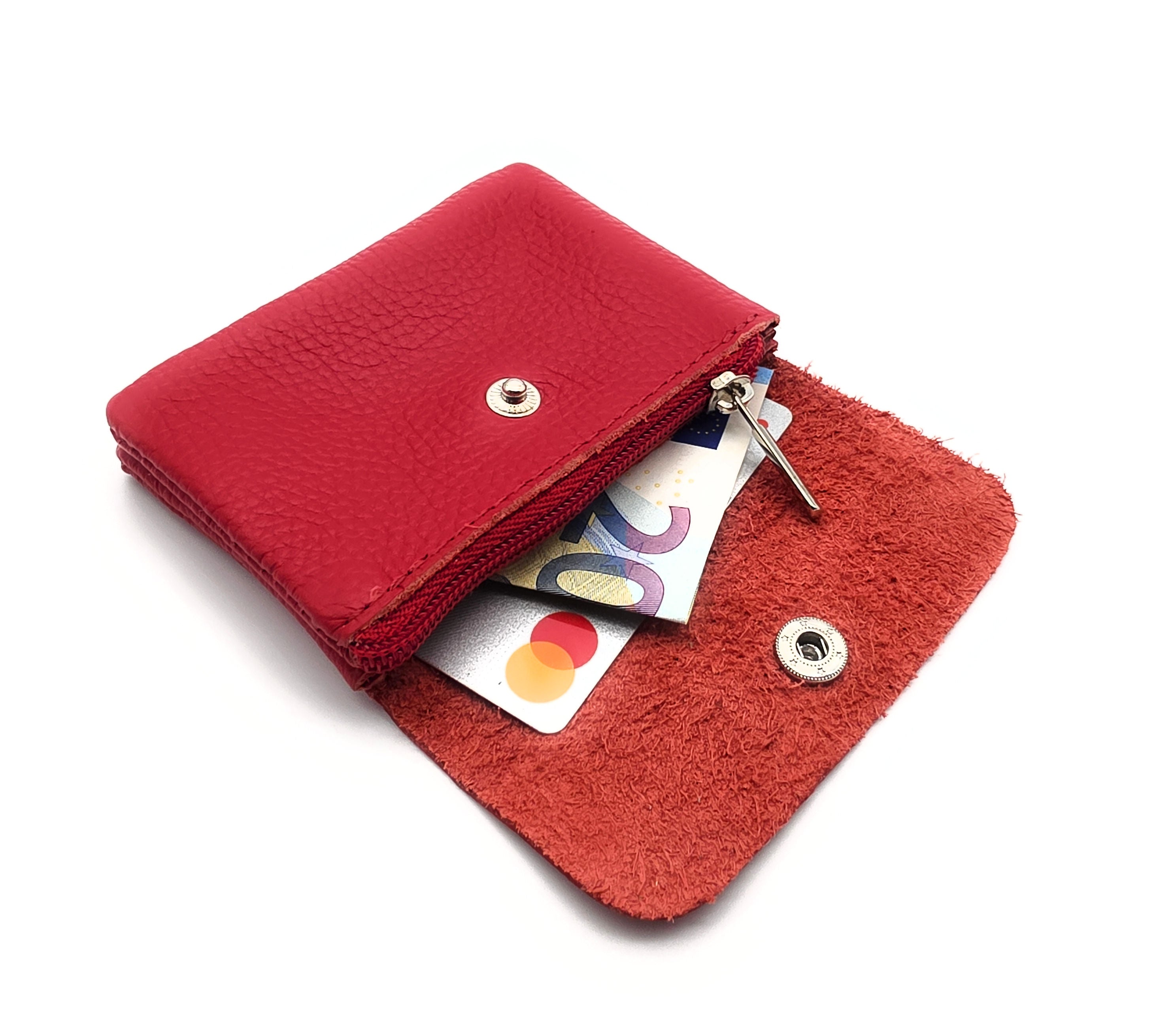 Mini Geldbörse aus echtem Rindleder – kompaktes Leder Portemonnaie Made in Italy rot