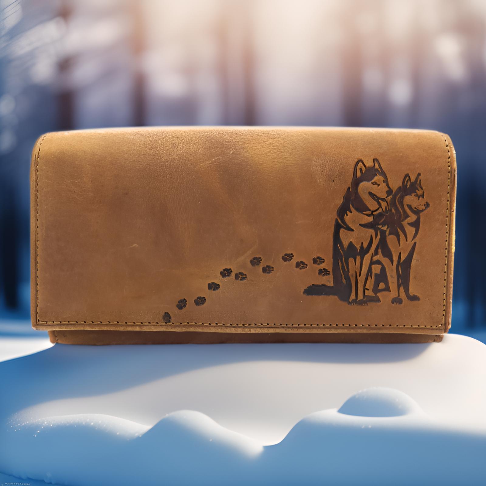 Jockey Club echt Leder Damen Geldbörse Portemonnaie Huskies Husky Hunde mit RFID NFC Schutz braun