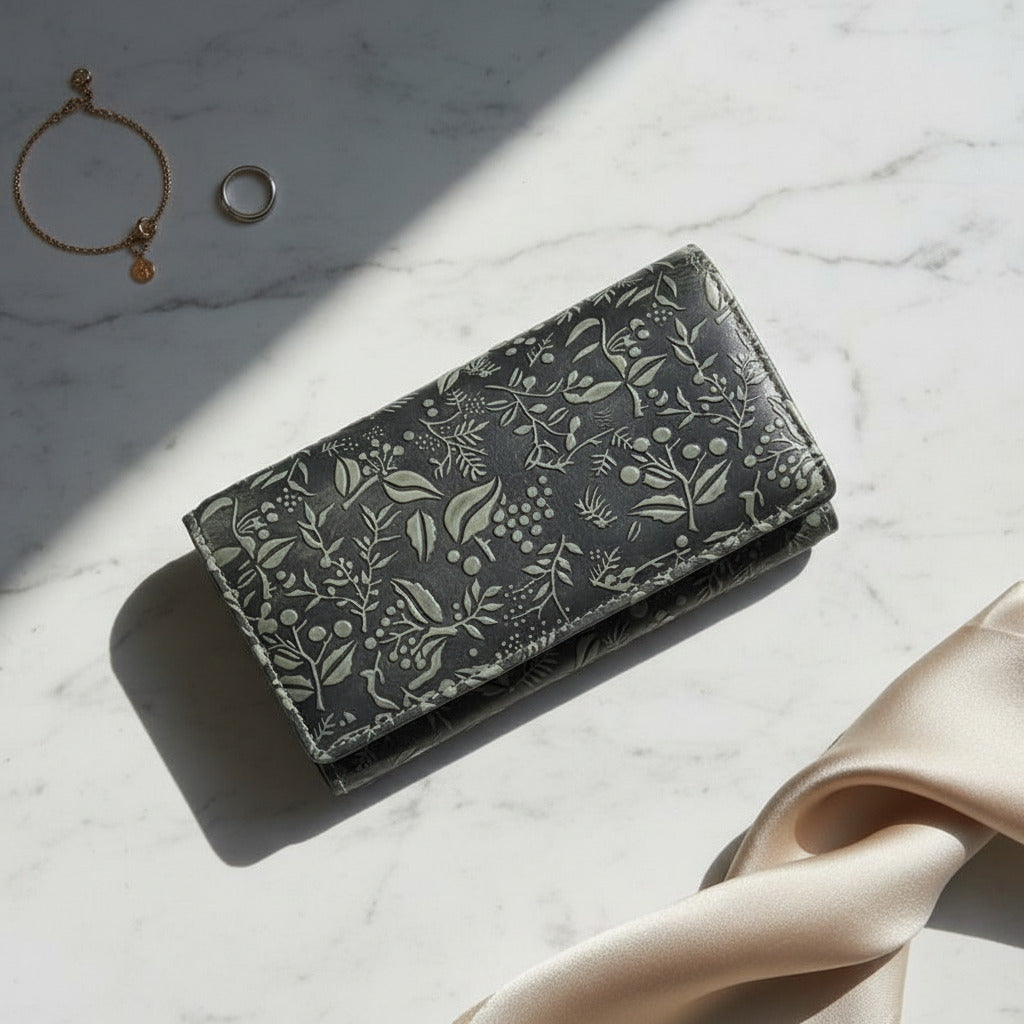 Hill Burry echt Leder Damen Geldbörse Portemonnaie floral RFID NFC Schutz grau