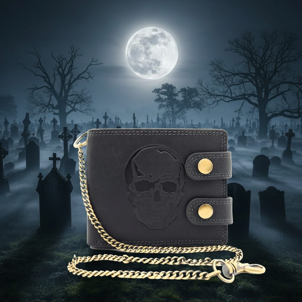 Biker Geldbörse mit Kette RFID Schutz Hunterleder Portemonnaie Skull Schädel Totenkopf