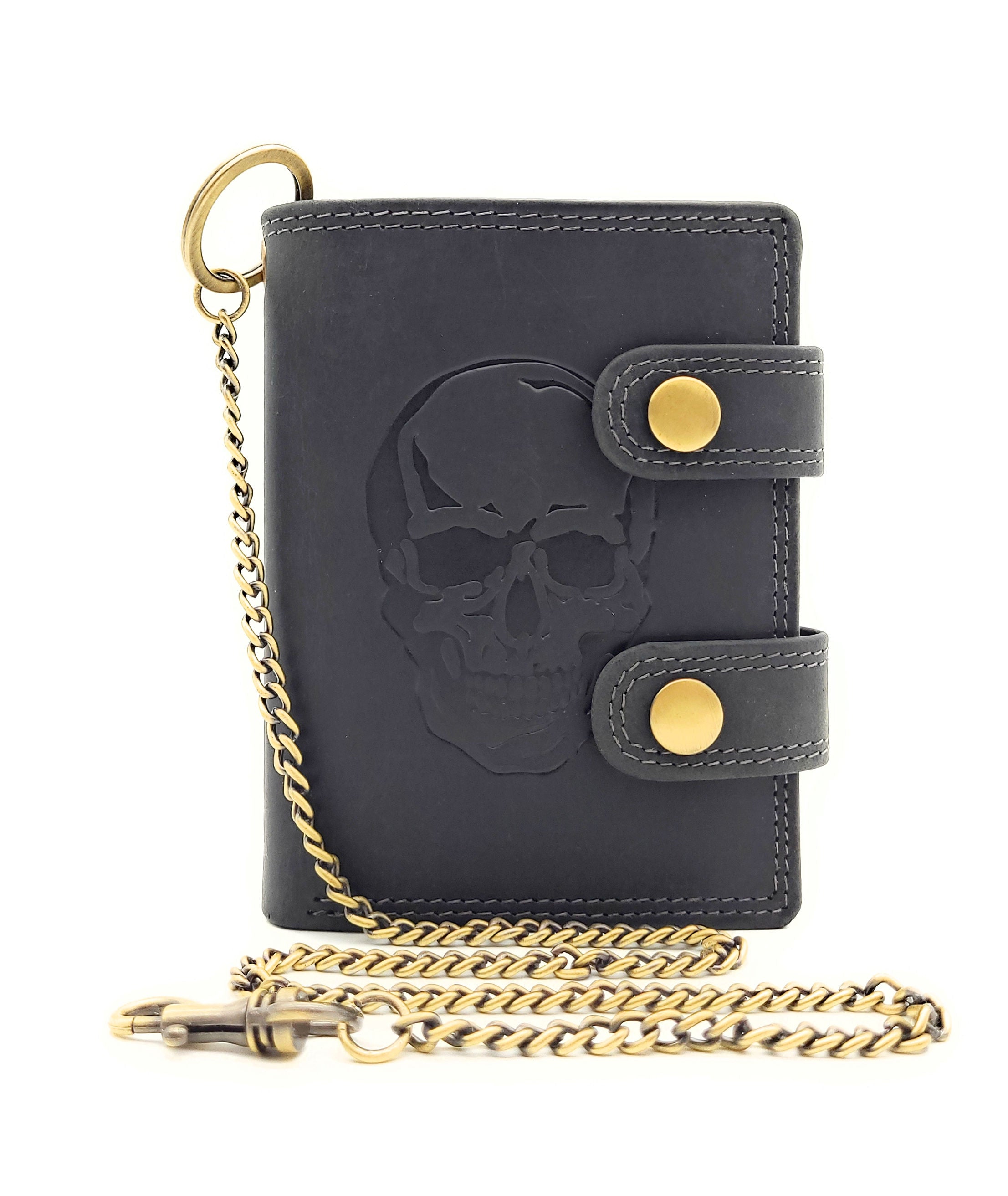 Biker Geldbörse mit Kette RFID Schutz Hunterleder Portemonnaie Skull Schädel Totenkopf schwarz