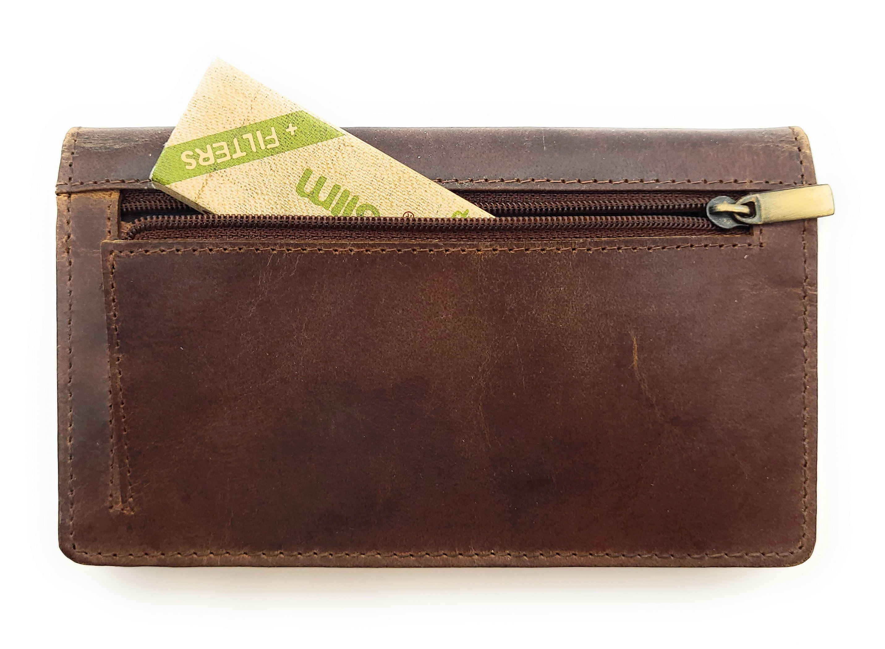 Tabakbeutel aus Büffelleder – Komfortgröße, passend für 30 g Tabakpackungen, mit Blättchenfach & Reißverschlussfächern, braun