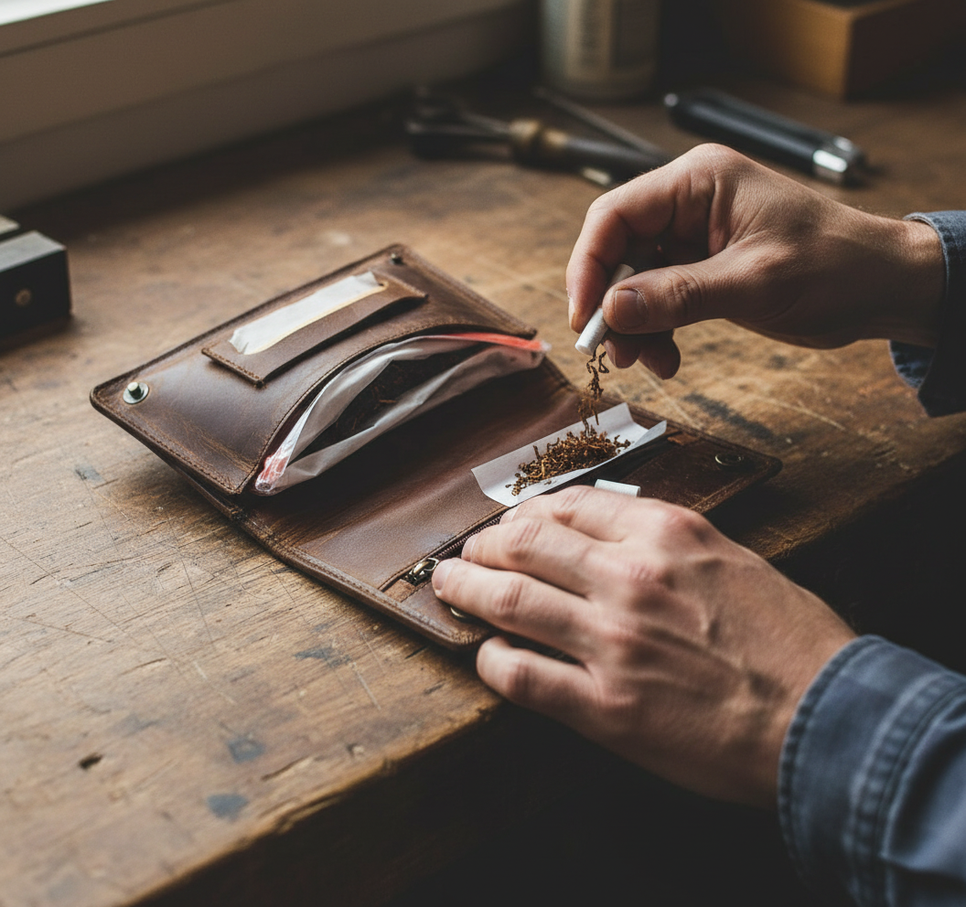 Tabakbeutel aus Büffelleder – Komfortgröße, passend für 30 g Tabakpackungen, mit Blättchenfach & Reißverschlussfächern, braun