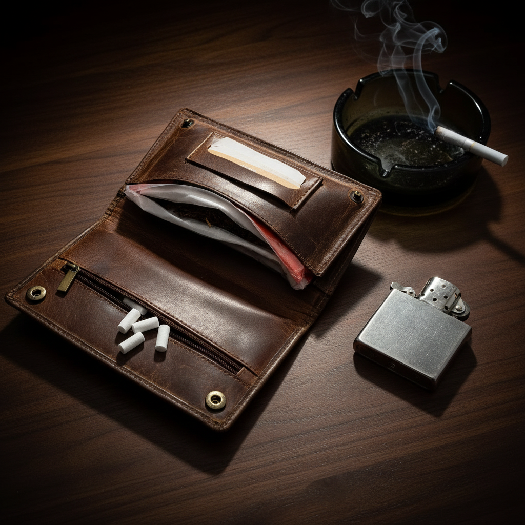 Tabakbeutel aus Büffelleder – Komfortgröße, passend für 30 g Tabakpackungen, mit Blättchenfach & Reißverschlussfächern, braun