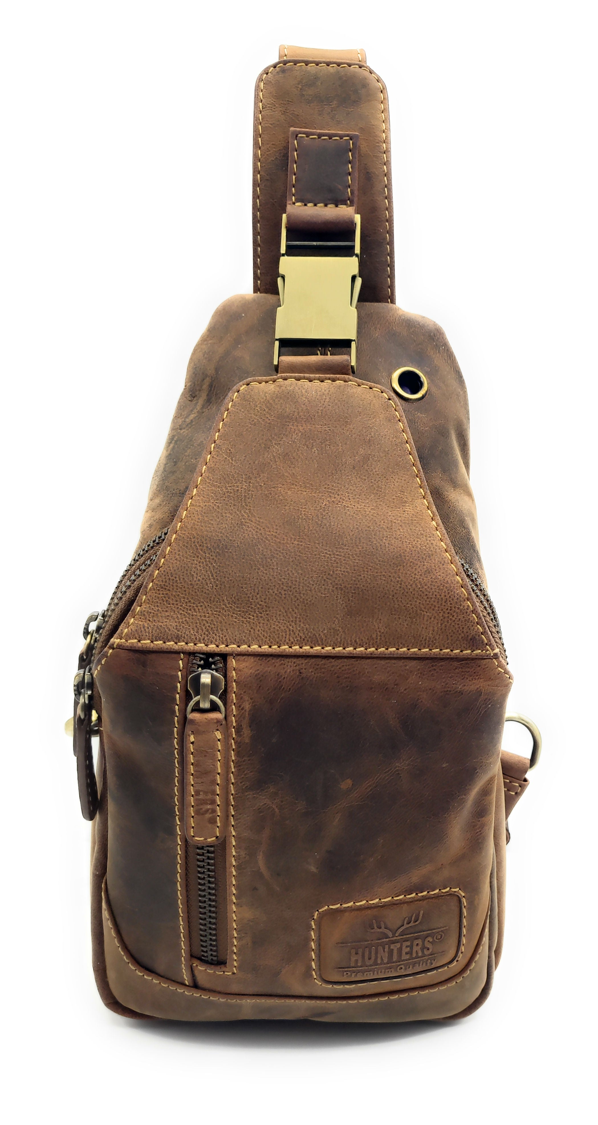 Hunters Crossbag Premium Leder Slingbag Damen & Herren - Umhängetasche mit Metall-Verschlüssen