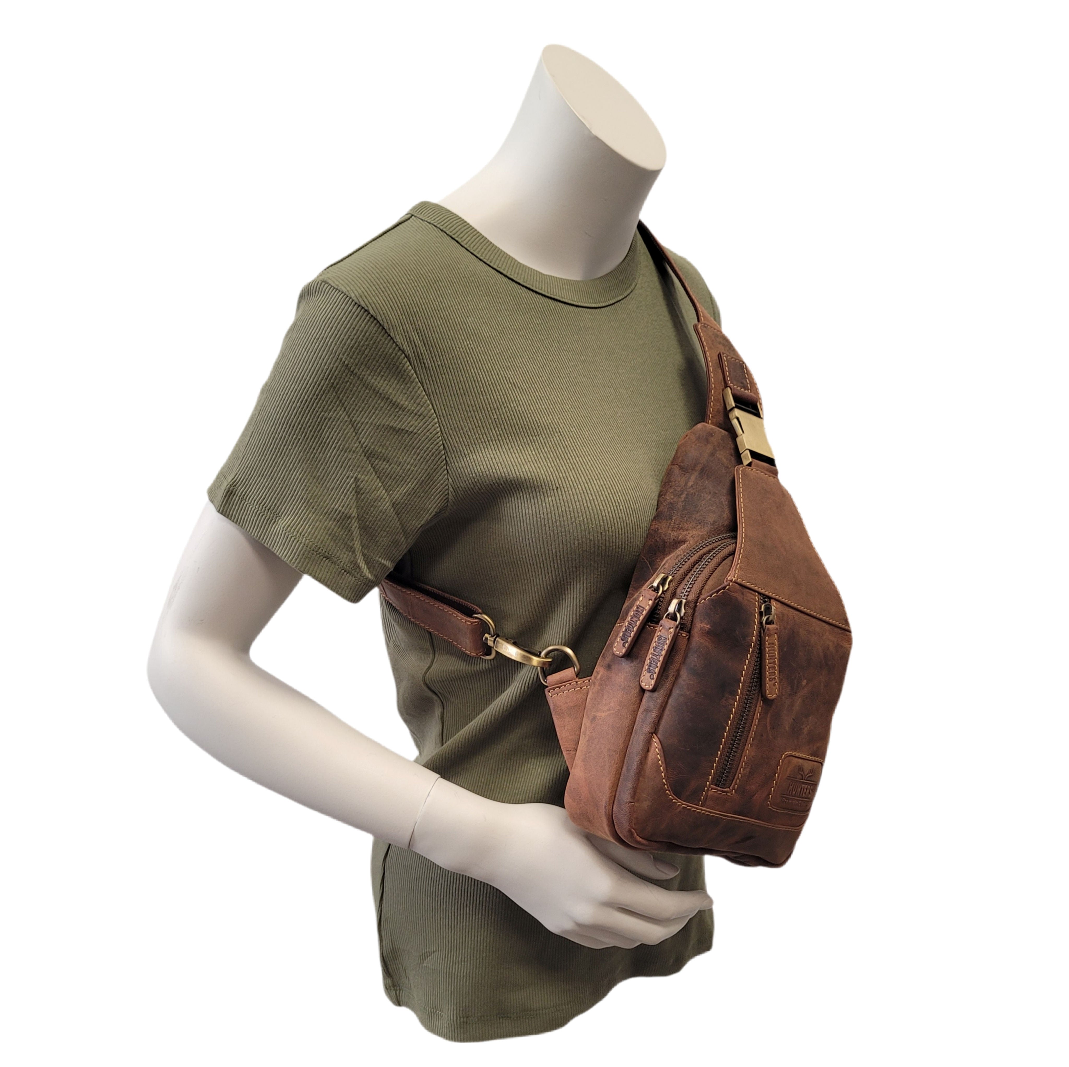 Hunters Crossbag Premium Leder Slingbag Damen & Herren - Umhängetasche mit Metall-Verschlüssen