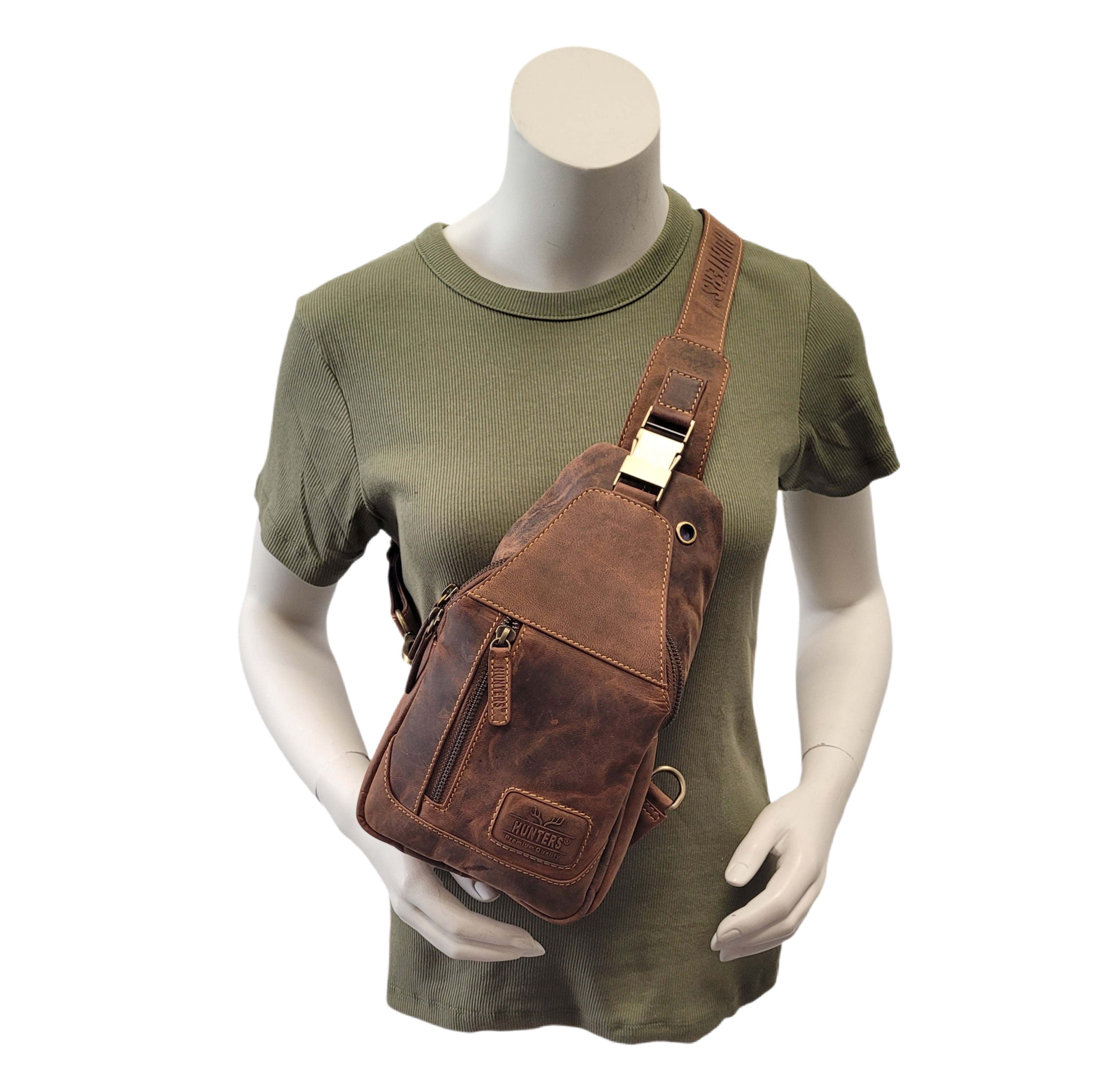 Hunters Crossbag Premium Leder Slingbag Damen & Herren - Umhängetasche mit Metall-Verschlüssen