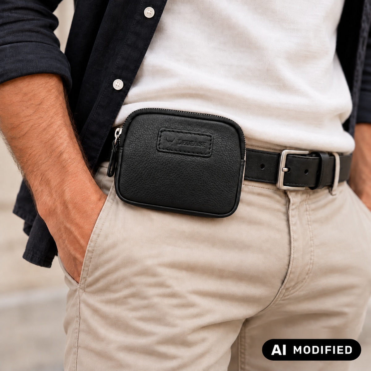 Lemasi Mini Gürteltasche aus Nappaleder – Schwarz, 2 Reißverschlussfächer