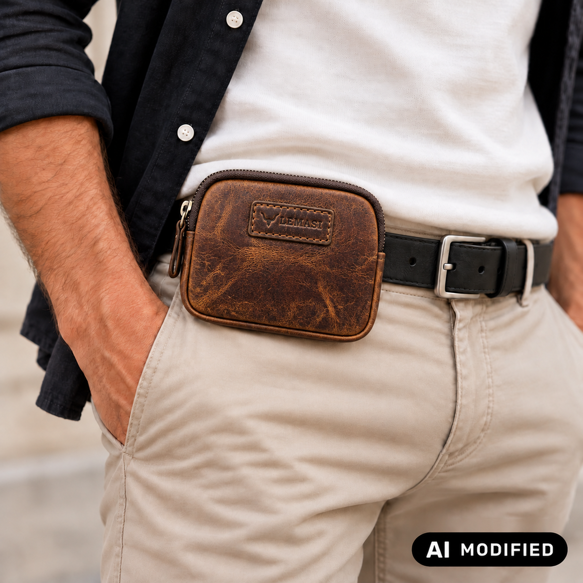 Lemasi Mini Gürteltasche aus Büffel-Hunterleder – Braun, 2 Reißverschlussfächer