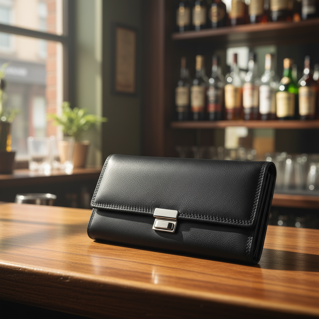 Lemasi Echtleder Kellnerbörse Schwarz – Professionelle Servicebörse aus Rindleder mit 5 Scheinfächern, Münzfach, Karten- & Reißverschlussfach