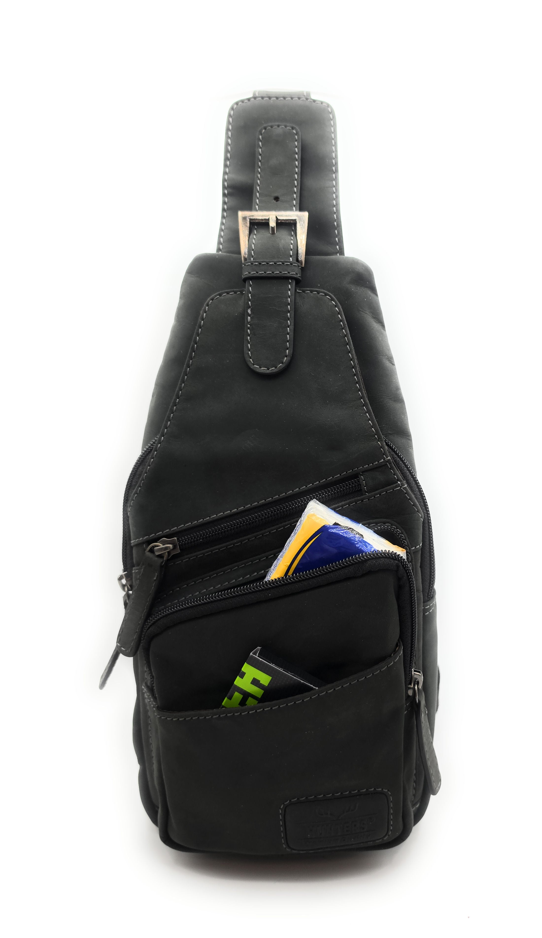 Hunters Crossbag Slingbag aus echtem Hunterleder – Vintage-Umhängetasche mit Platz für 0,33L Wasserflasche & Tablet