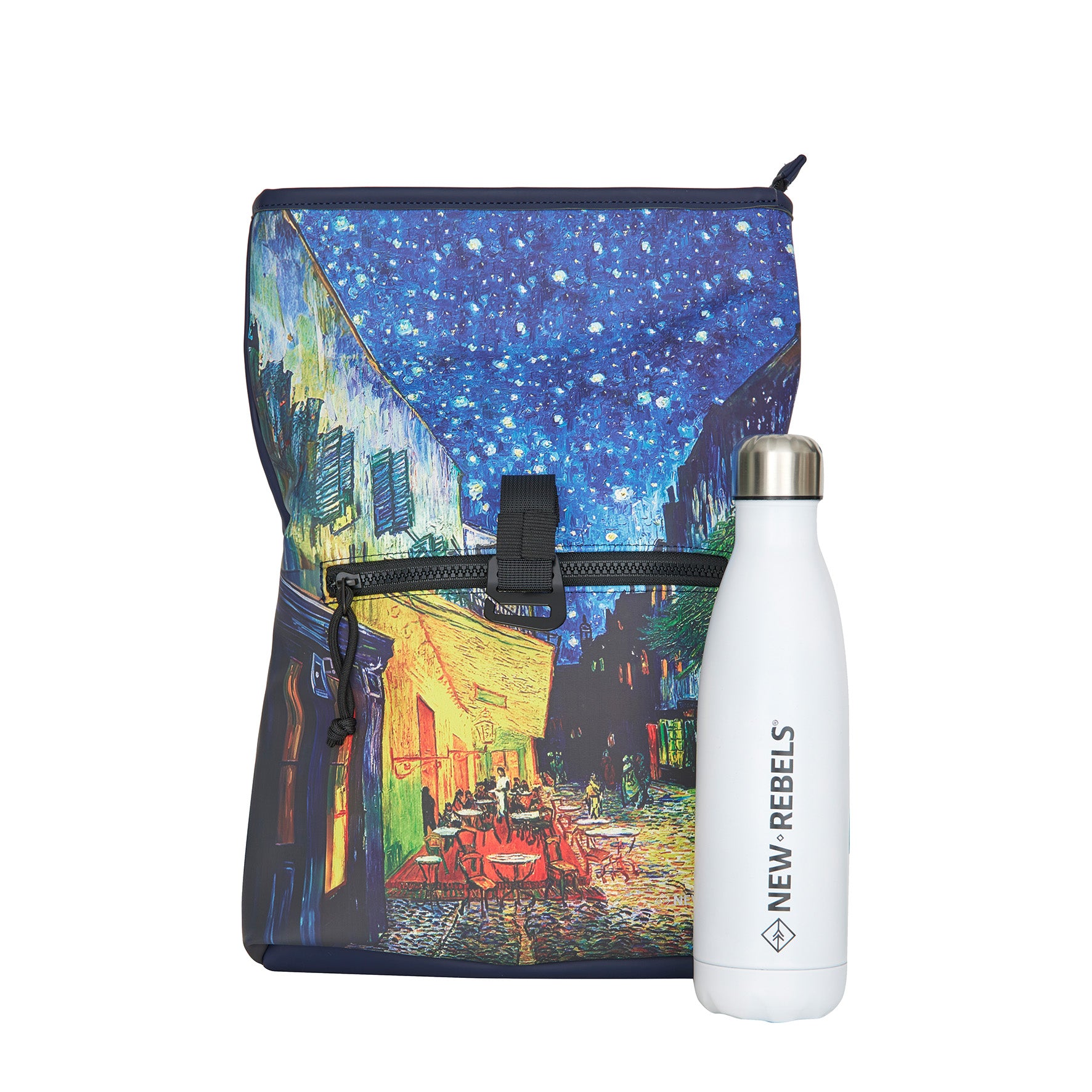 New Rebels Rolltop Cityrucksack Los Angeles – „Van Gogh Café“ – Künstlerischer Rolltop mit Gemälde-Print, Wasserabweisend & Praktisch
