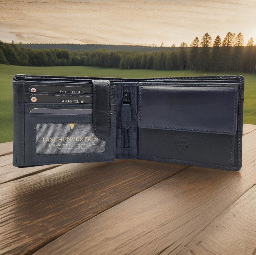 Jockey Club klassische echt Leder Geldbörse Portemonnaie mit RFID Schutz gewachstes Rindleder navy blau