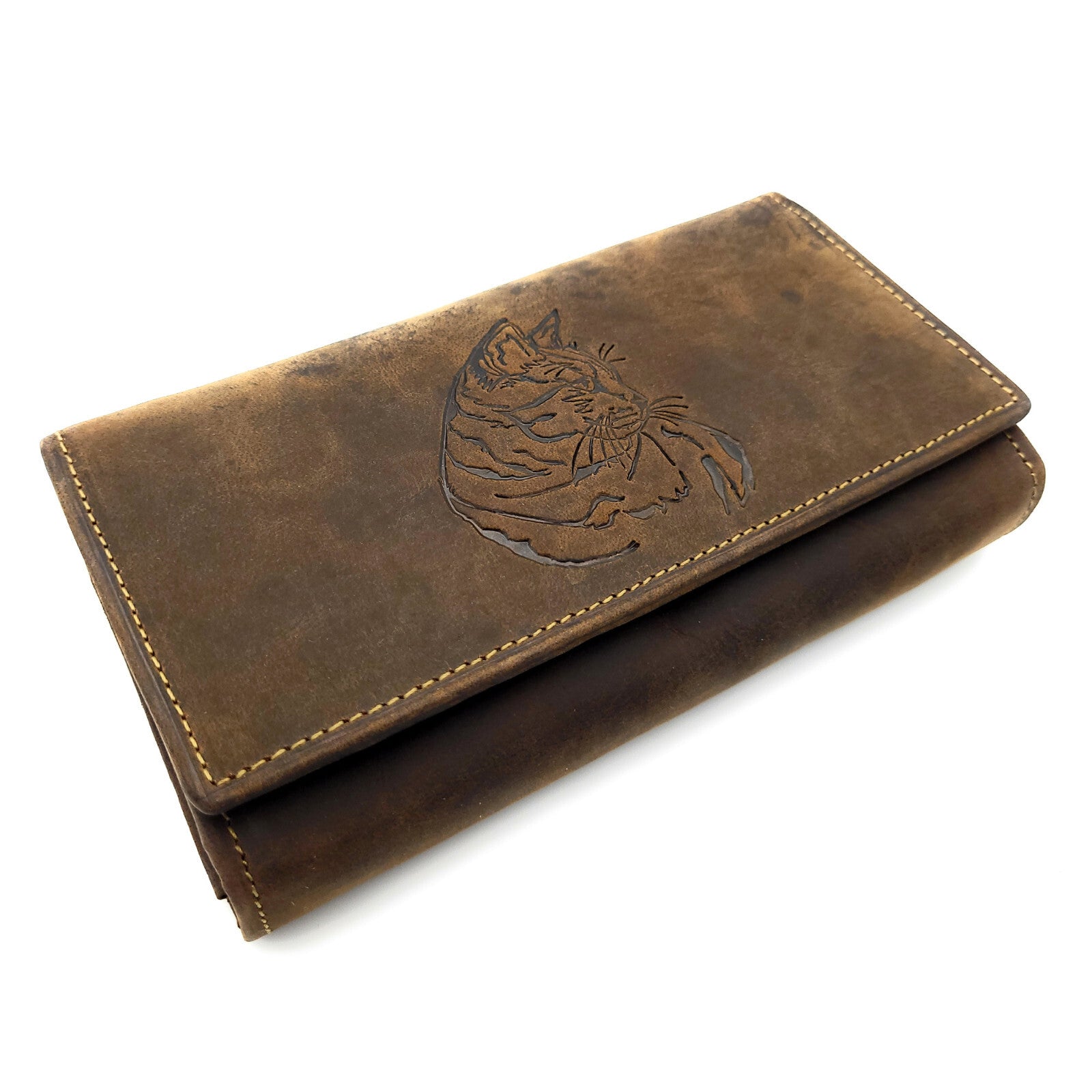 Jockey Club Damenbörse Geldbörse Hunterleder mit Katzenprägung – RFID-Schutz & viele Fächer, Braun