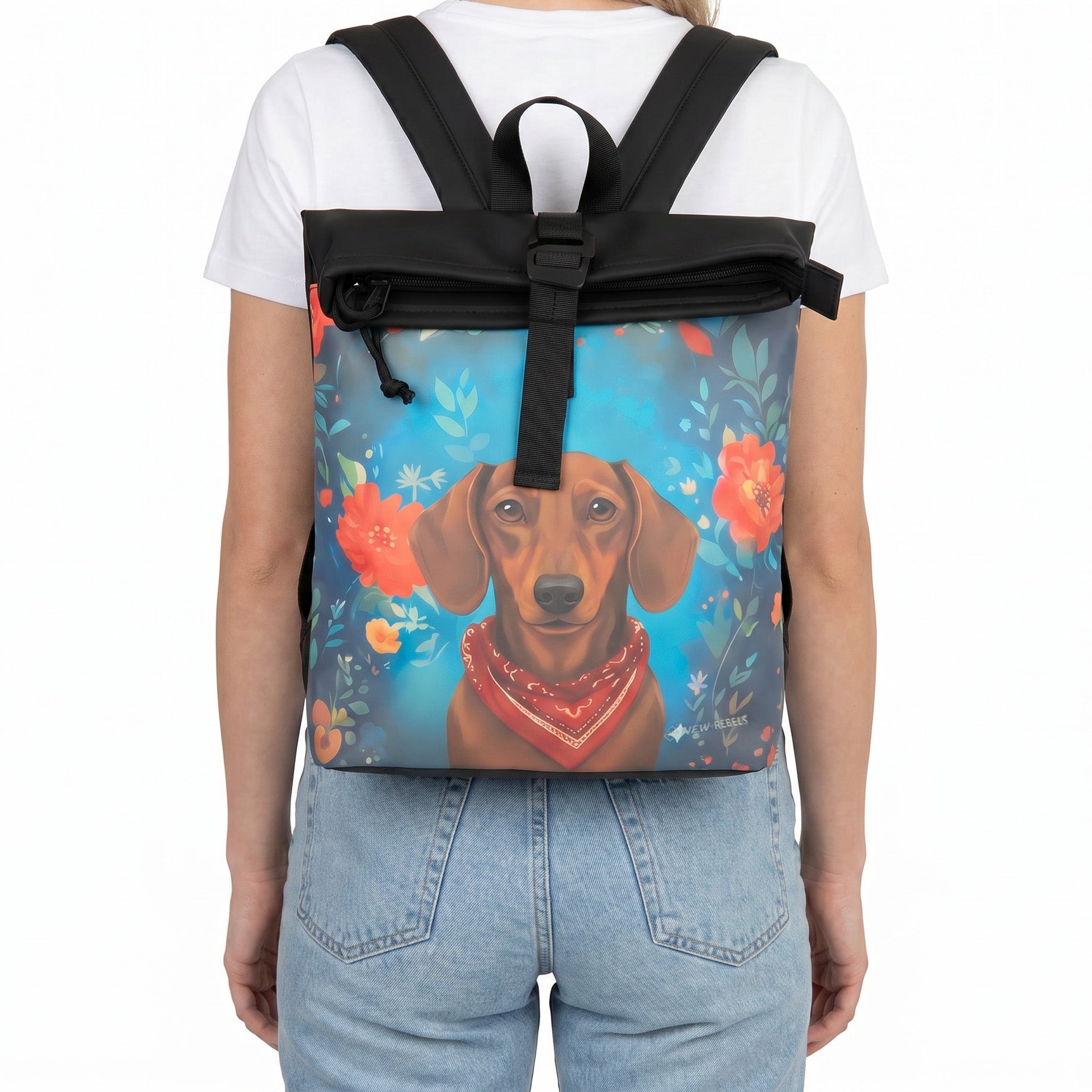 New Rebels Rolltop Cityrucksack Los Angeles – Stylischer Rolltop Rucksack mit Dackel - Design, Wasserabweisend & Praktisch