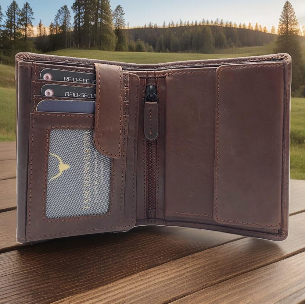 Jockey Club klassische echt Leder Geldbörse Portemonnaie mit RFID Schutz gewachstes Rindleder braun