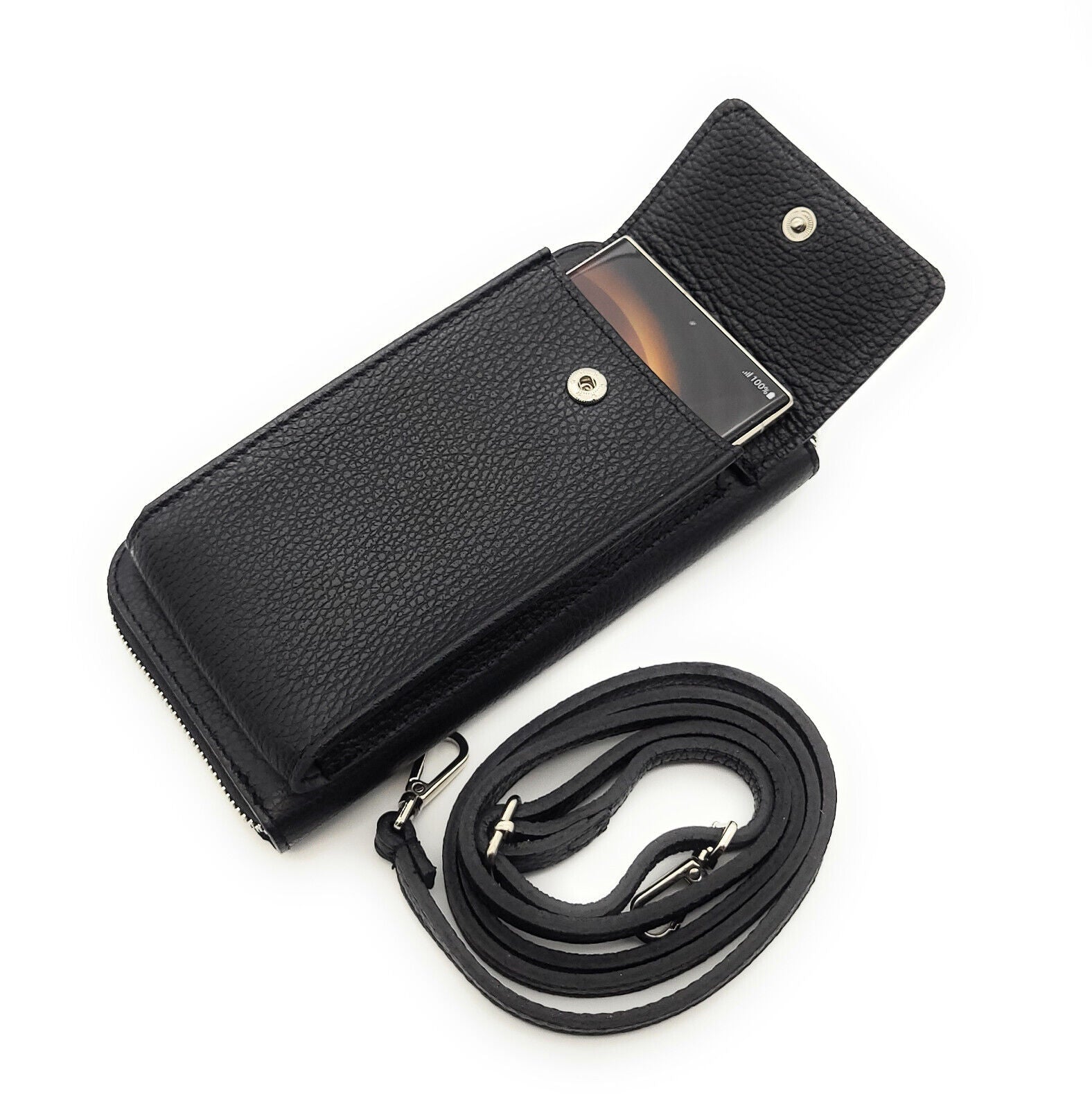 echt Leder Handytasche Smartphonetasche Geldbörse Umhängetasche made in Italy schwarz