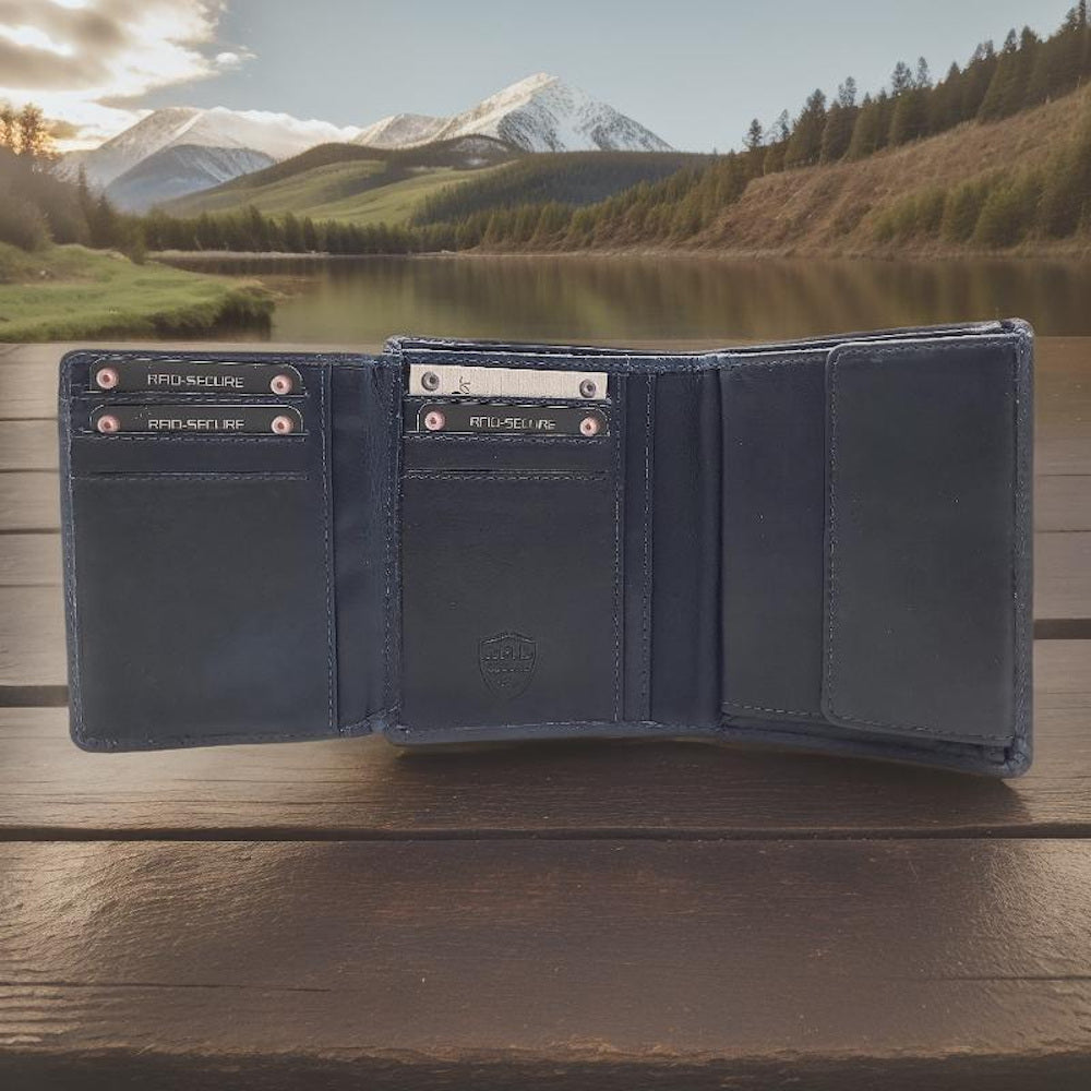 Jockey Club kompakte echt Leder Geldbörse Portemonnaie mit RFID Schutz gewachstes Rindleder navy blau