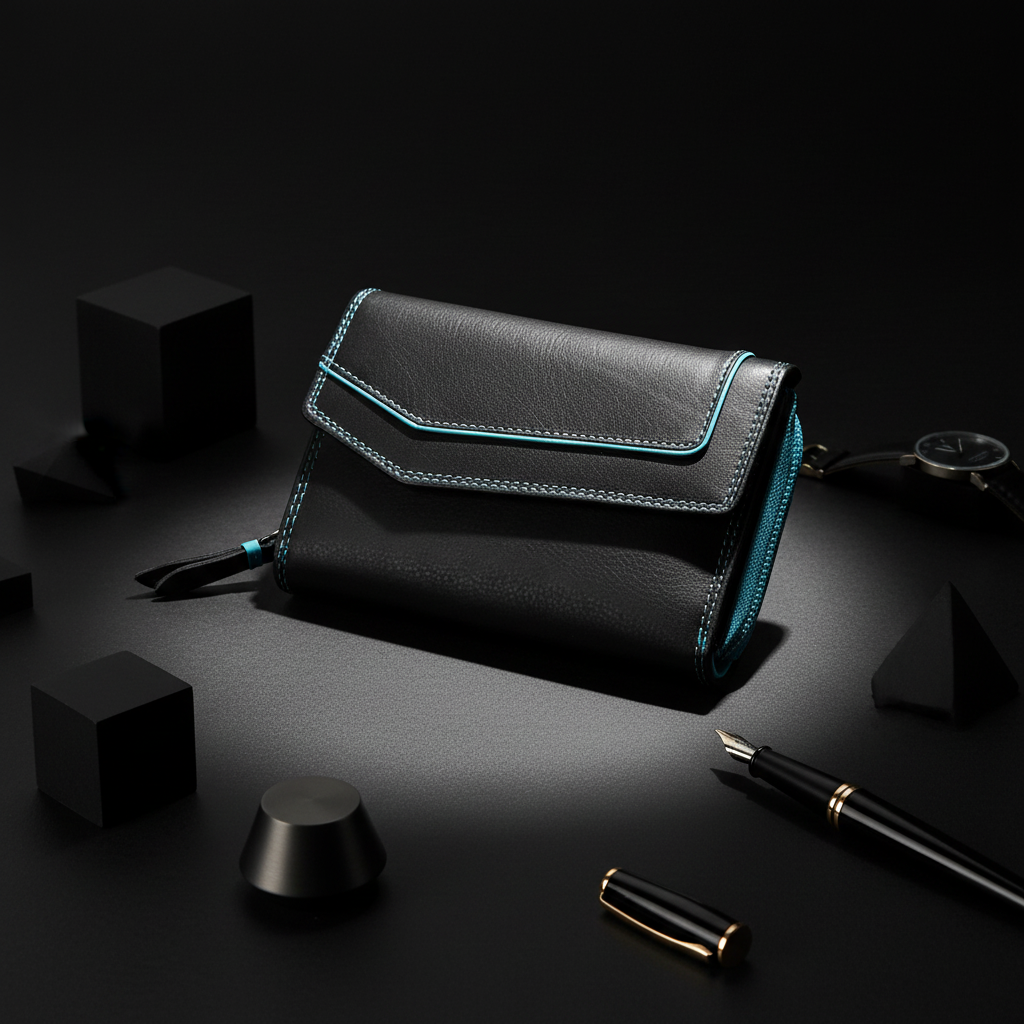 Jockey Club Leder-Geldbörse mit RFID-Schutz – Triangel-Design schwarz-türkis