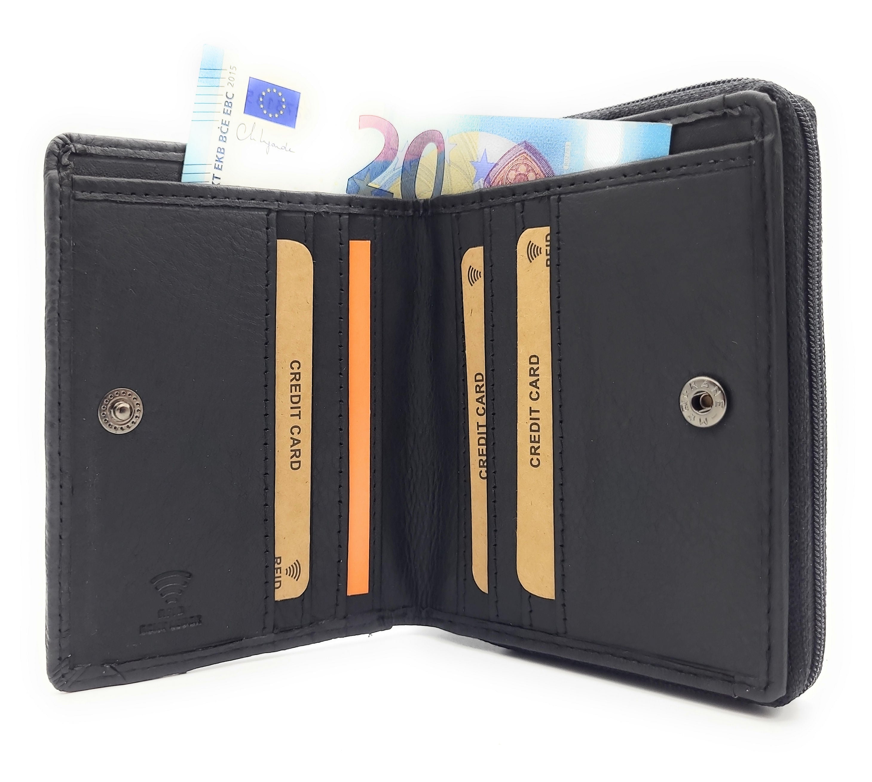 Damen Geldbörse RFID Schutz Nappaleder - Kompakt mit 6 Kartenfächern & Münzfach schwarz