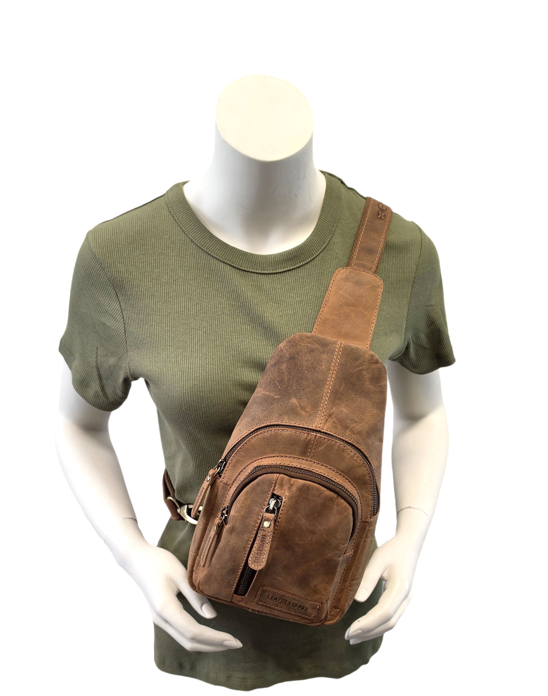 Leatherfox Slingbag Echtleder – Crossbody Bag Hunterleder | Rechts & Links tragbar | Tan-Braun