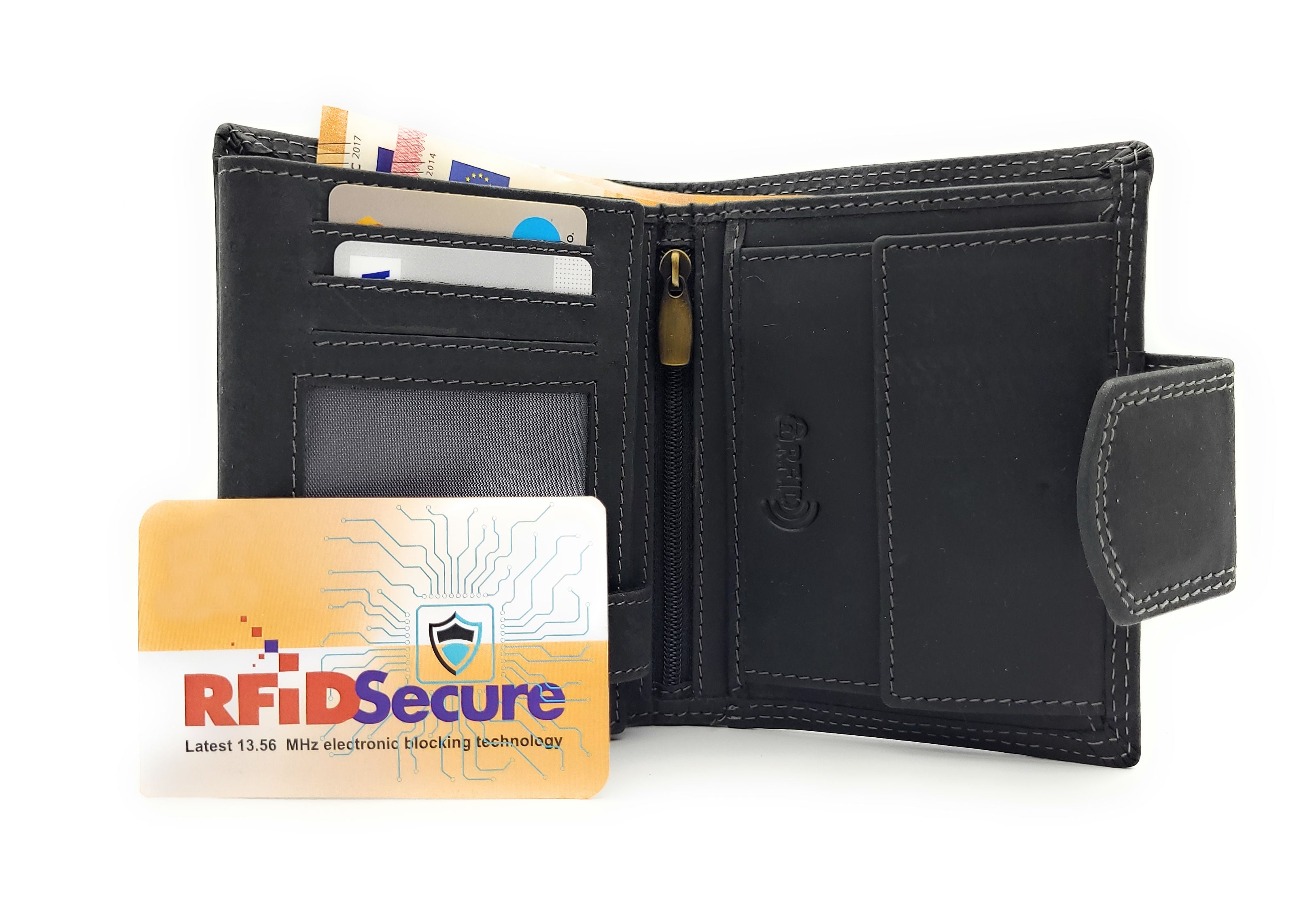 Jockey Club Büffel Voll-Leder Geldbörse mit RFID-Schutz & Außenriegel – Schwarzes Portemonnaie mit 10 Kartenfächern