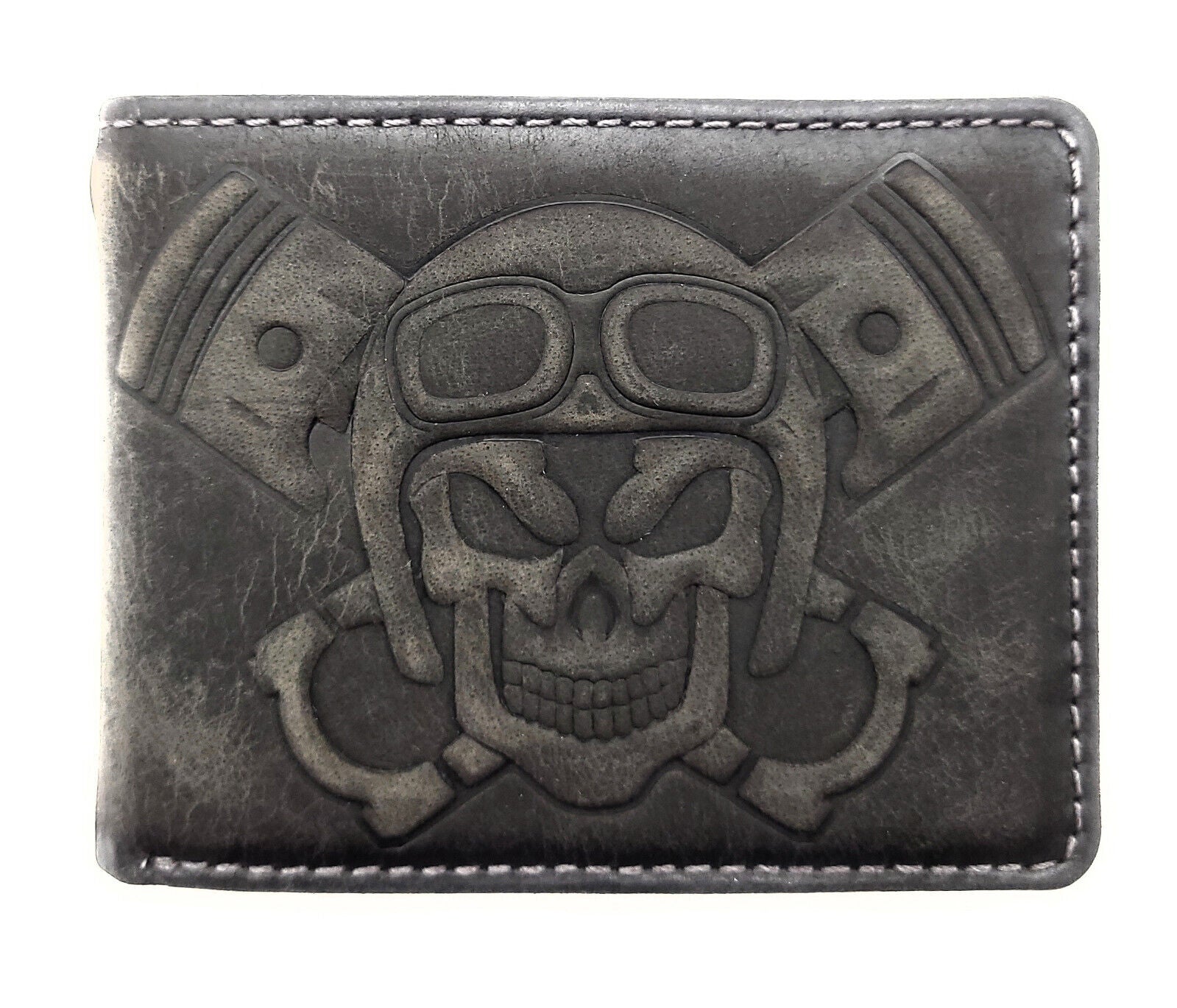 Jockey Club echt Leder Biker Geldbörse Portemonnaie 3D Totenkopf mit RFID Schutz grau