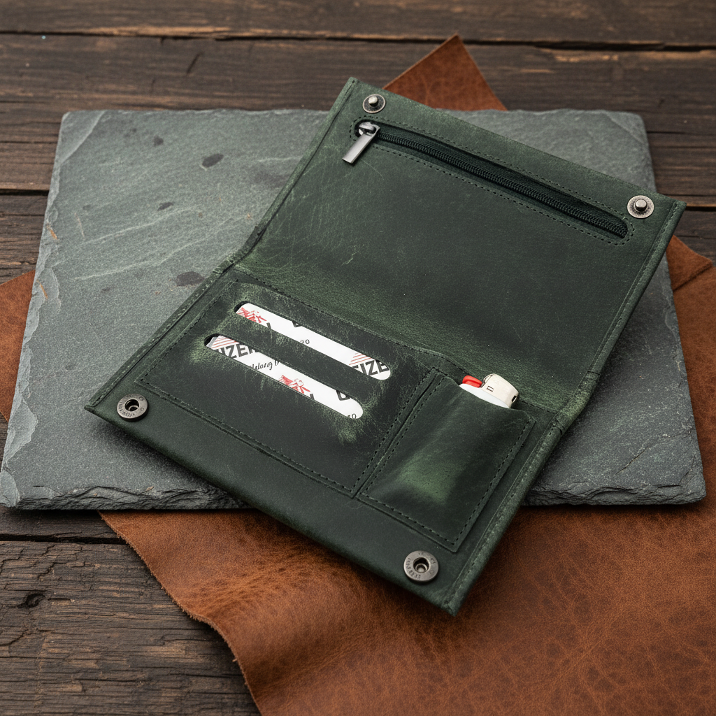 echt Leder Tabakbeutel Tabaktasche Tabak Etui Beutel Kautschuk gefüttert "Fresh" grün