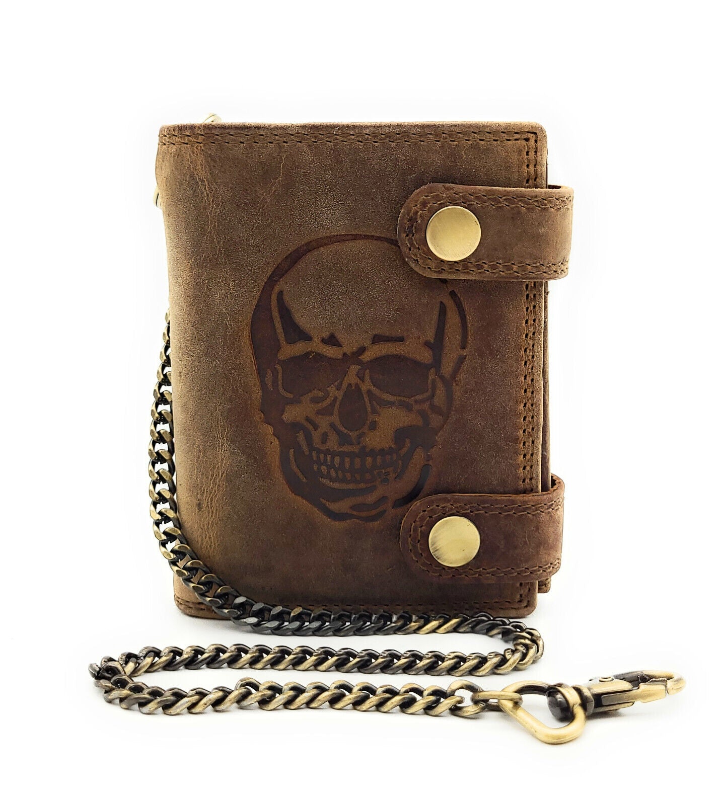 Biker Geldbörse mit Kette RFID Schutz Hunterleder Portemonnaie Skull Totenkopf braun