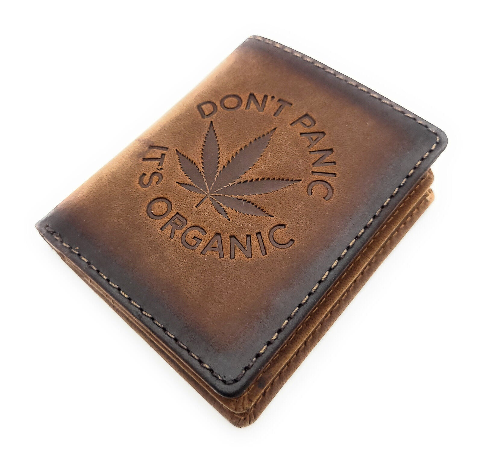 Jockey Club echt Leder Mini Geldbörse Portemonnaie "Weed" RFID Schutz Cannabisblatt braun