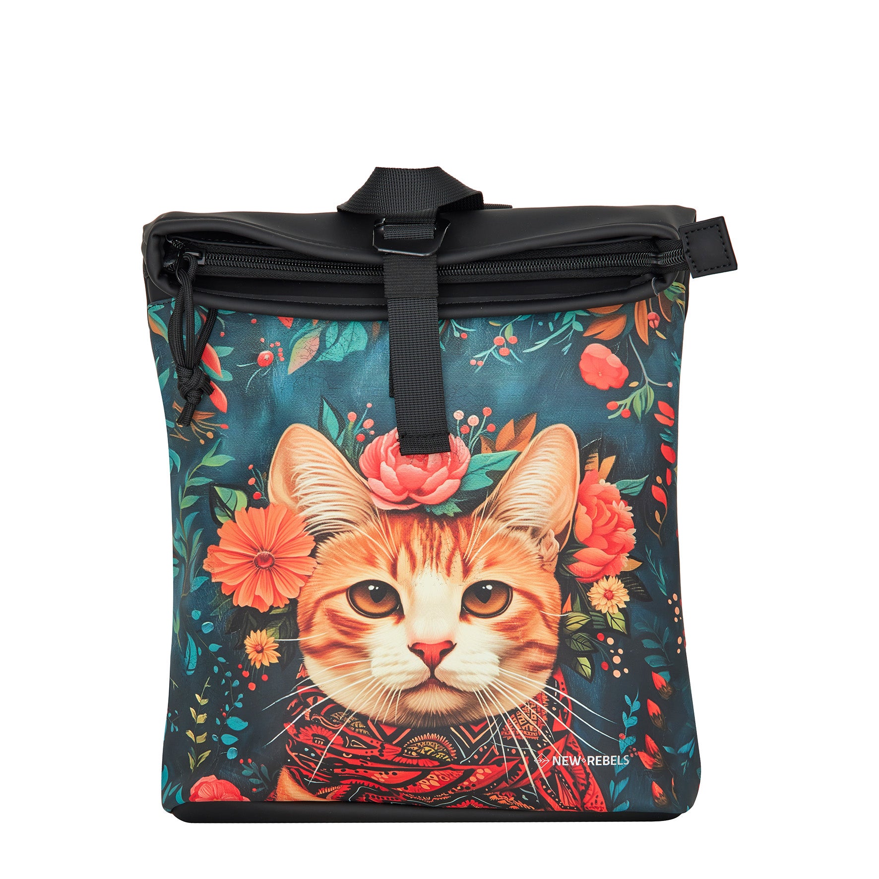 New Rebels Cityrucksack mit Katzenmotiv – Wasserabweisender Rolltop Rucksack für Damen & Herren – Stylischer Daypack mit Blumen-Design