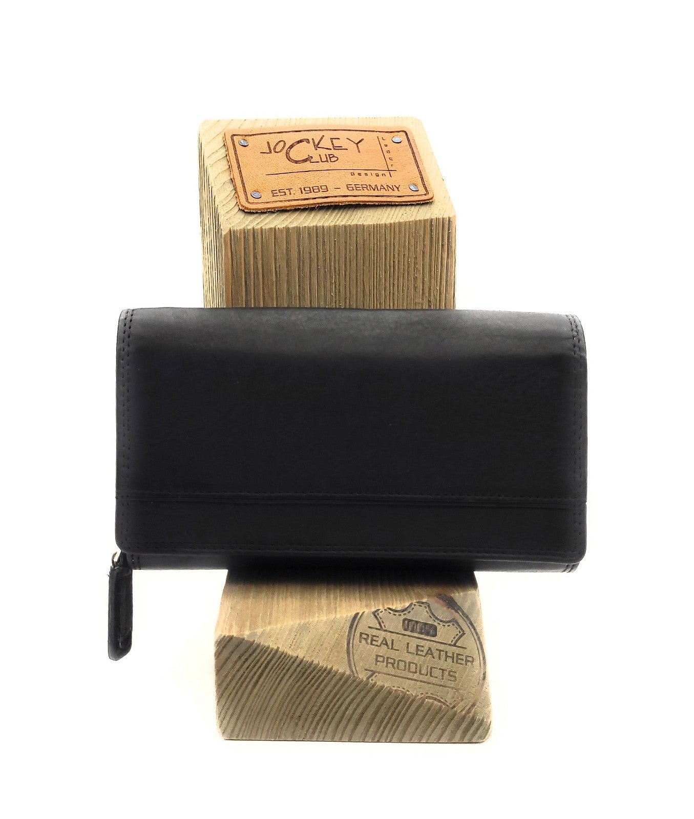 Jockey Club Echt Leder Damen Geldbörse RFID Schutz – Portemonnaie Schwarz – Viele Fächer, Druckknopf, Reißverschluss, großes Münzfach