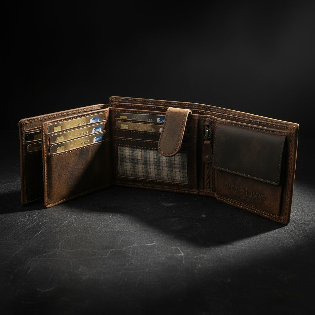 Ven Tomy Geldbörse aus Büffelleder mit RFID Schutz, Geheimfach & Reißverschlussfach – Herren Portemonnaie