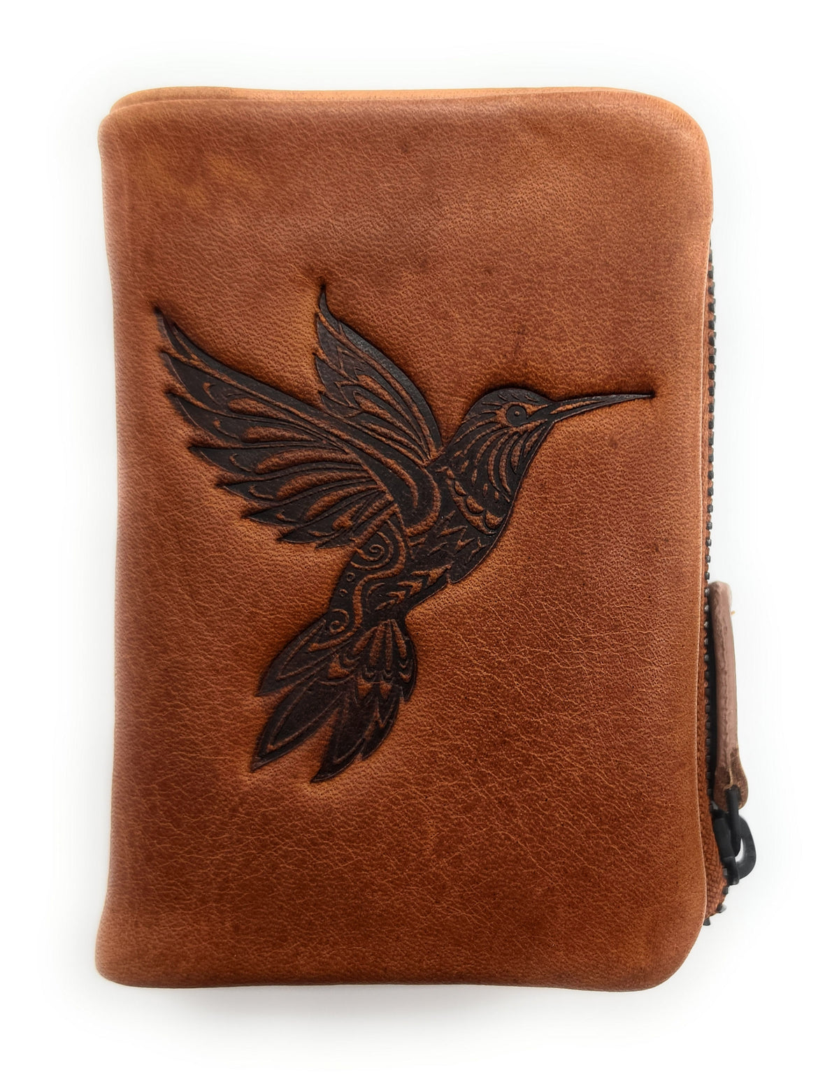 Mini-Geldbörse gewachstes Rindleder Kolibri-Prägung RFID-Schutz cognac braun