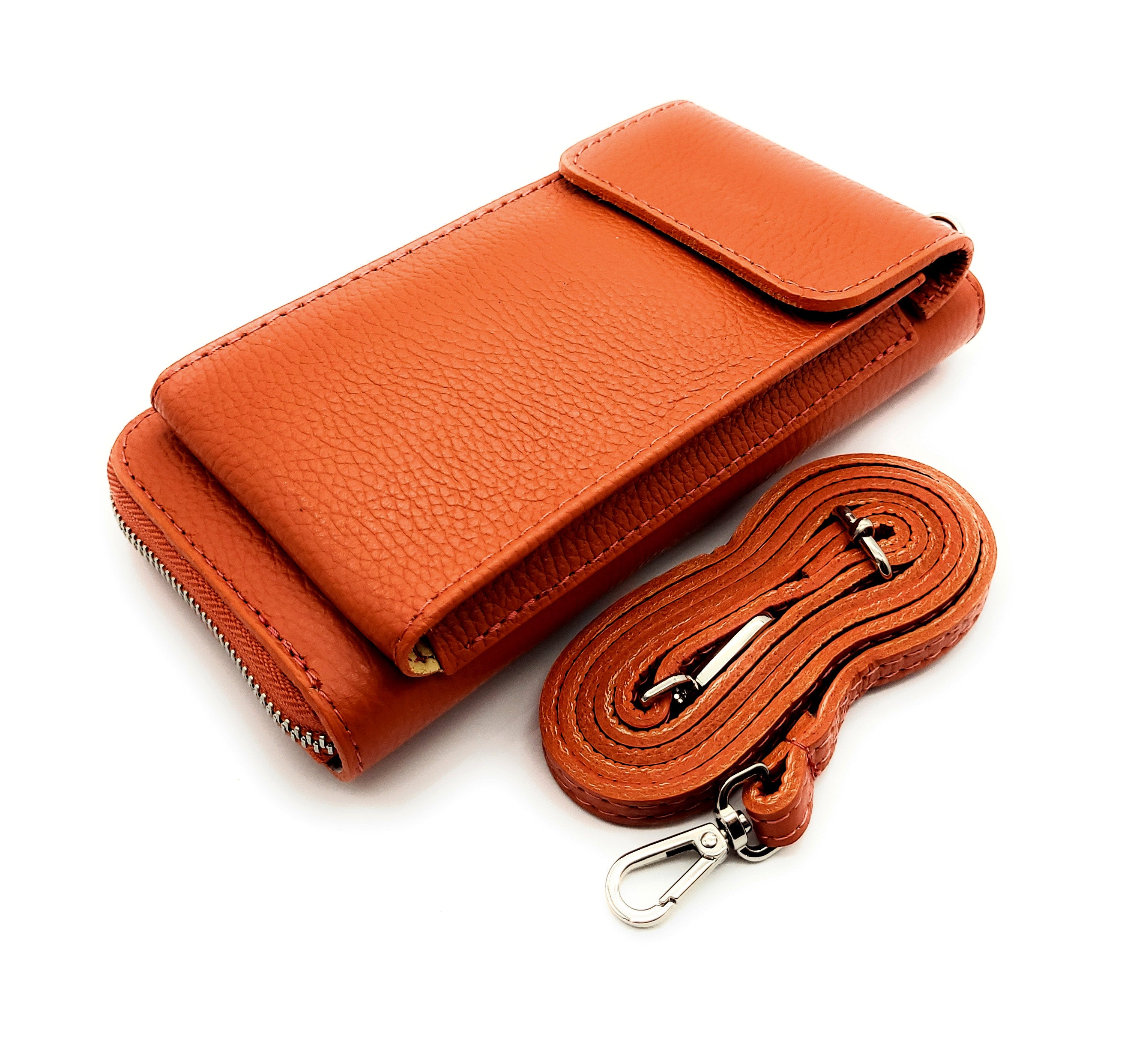 Leder Handytasche mit Geldbörse | Smartphone Umhängetasche Made in Italy amber orange