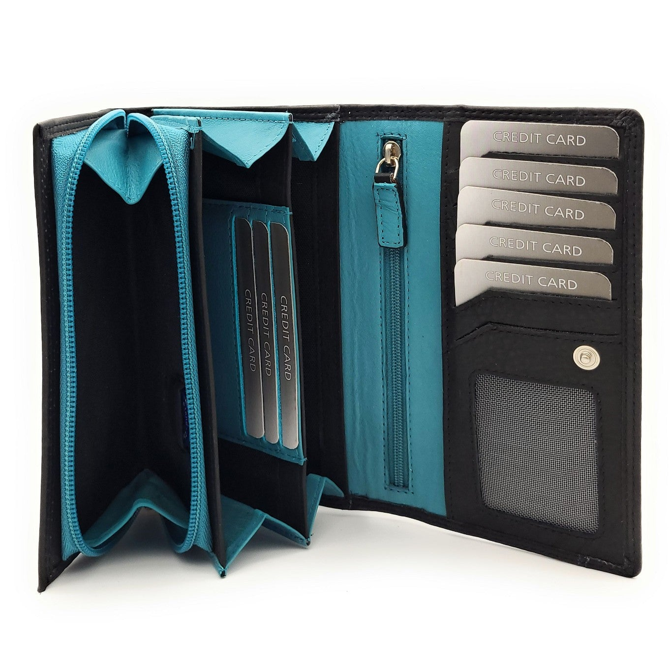 Jockey Club Echt Leder Damen Geldbörse RFID Schutz – Portemonnaie Bicolor Schwarz/Türkis – Viele Fächer, Druckknopf, Reißverschluss, großes Münzfach