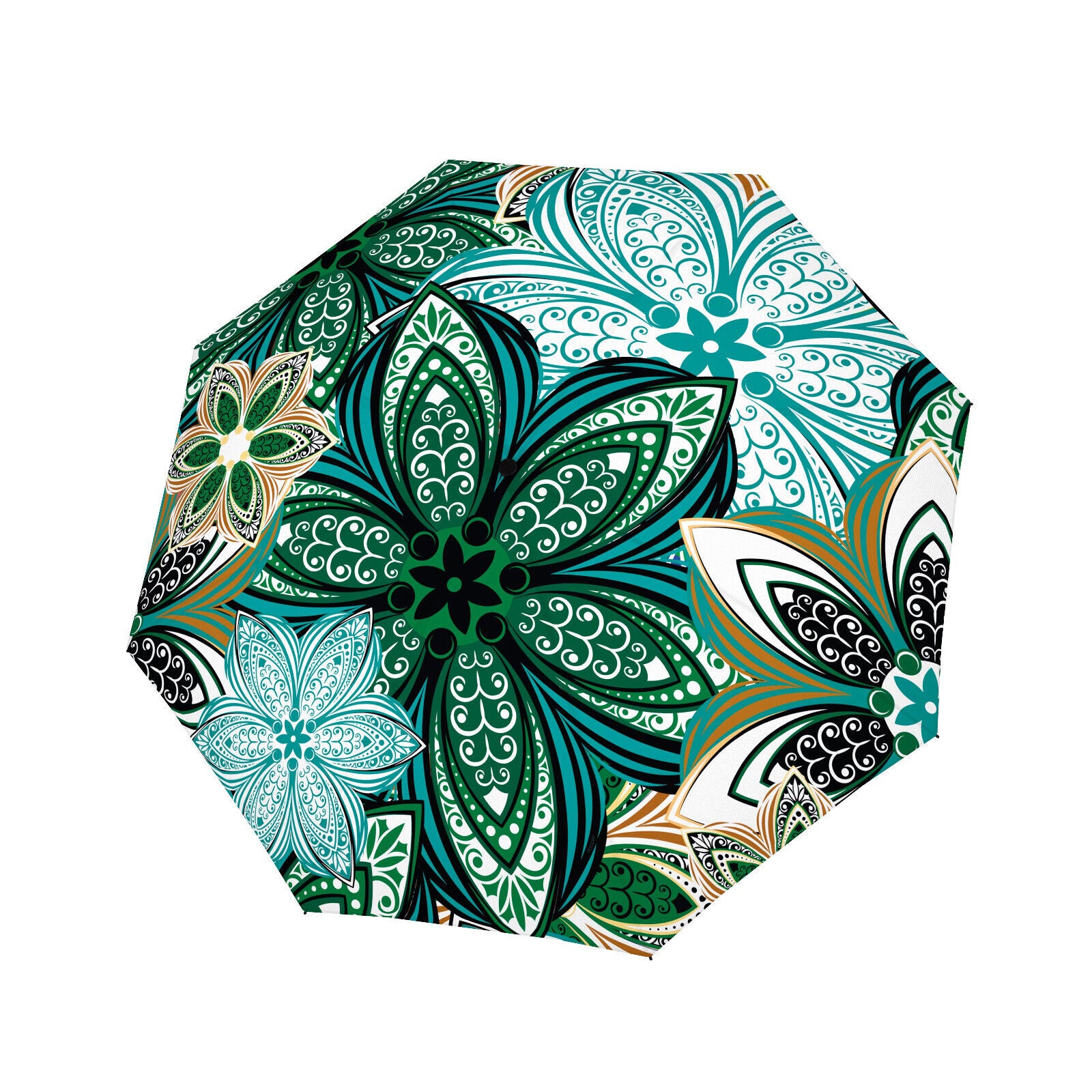 doppler Design-Regenschirm | Mandala-Blütenmuster | Smaragdgrün & Türkis Meadow Satin
