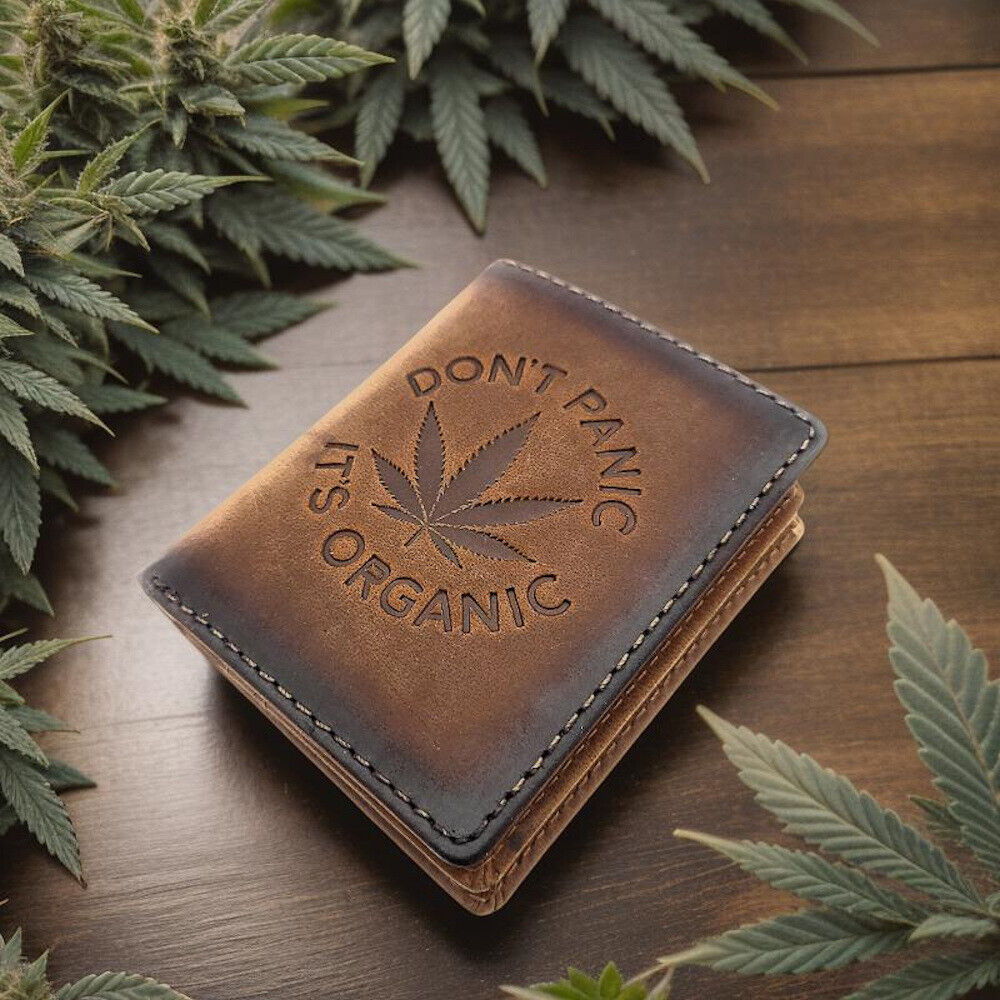 Jockey Club echt Leder Mini Geldbörse Portemonnaie "Weed" RFID Schutz Cannabisblatt braun