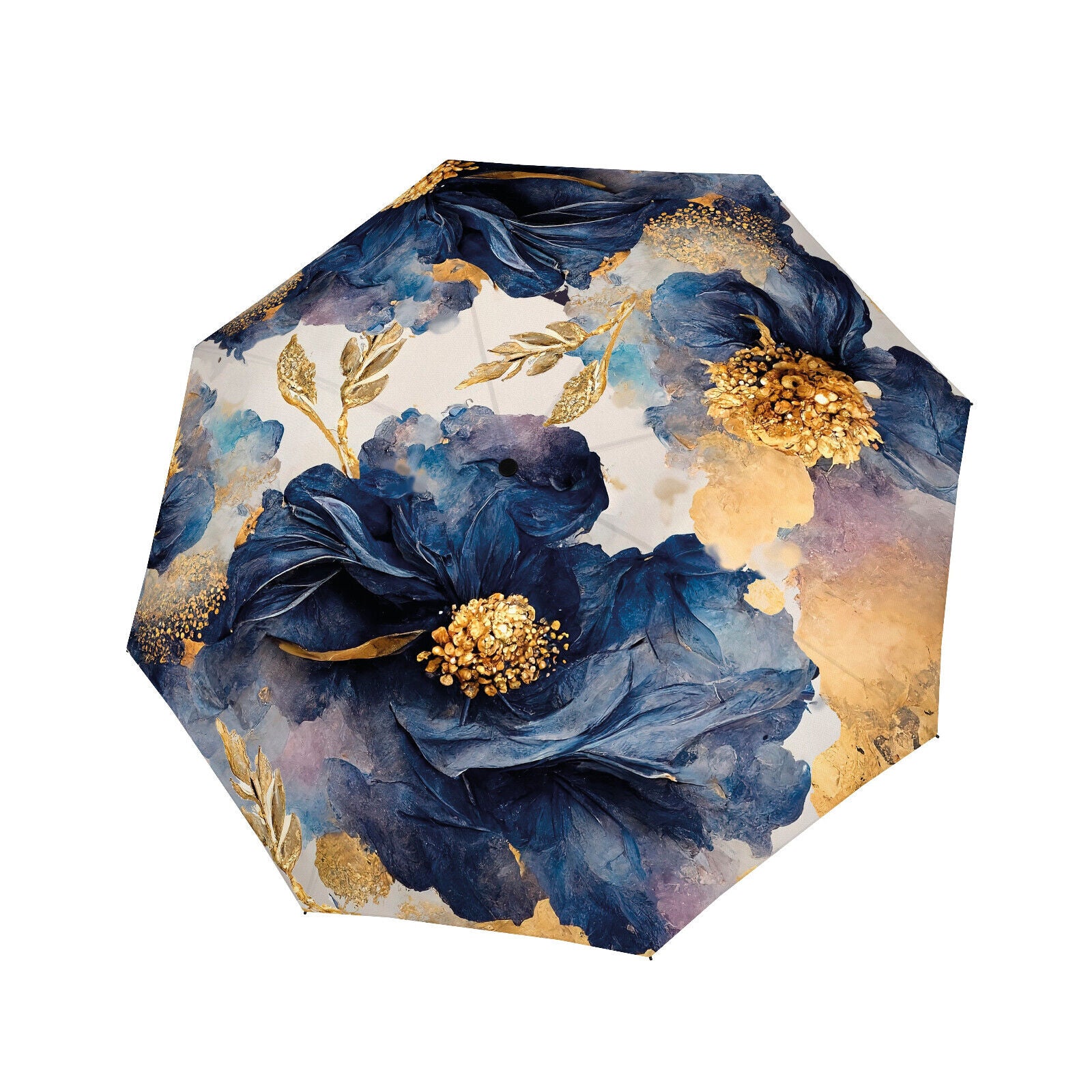 doppler Premium-Designerschirm | Marineblau & Gold | Luxuriöses Blumendesign Couture Satin