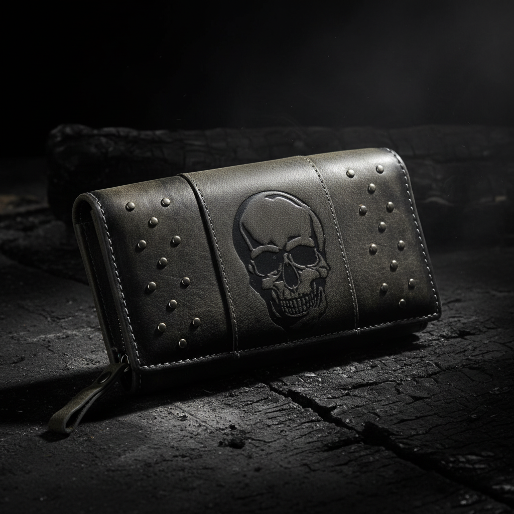 Jockey Club echt Leder Damen Geldbörse Portemonnaie Totenkopf mit Nieten RFID Schutz grau