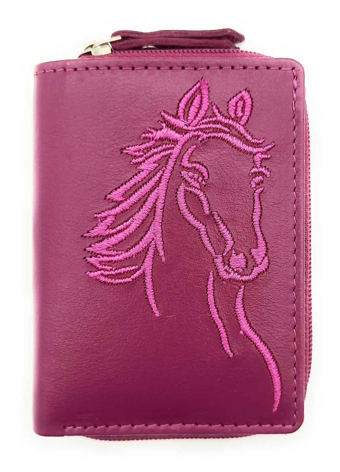 Jockey Club Mini-Geldbörse aus Leder mit RFID-Schutz & Pferde-Stickerei – kompakt & stilvoll beere