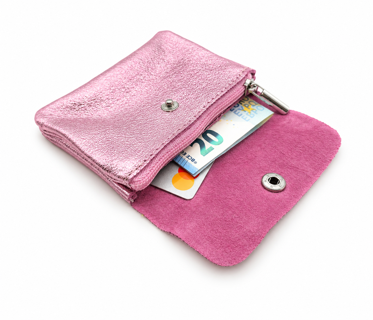 Mini Geldbörse aus echtem Rindleder – kompaktes Leder Portemonnaie Made in Italy rosa metallic