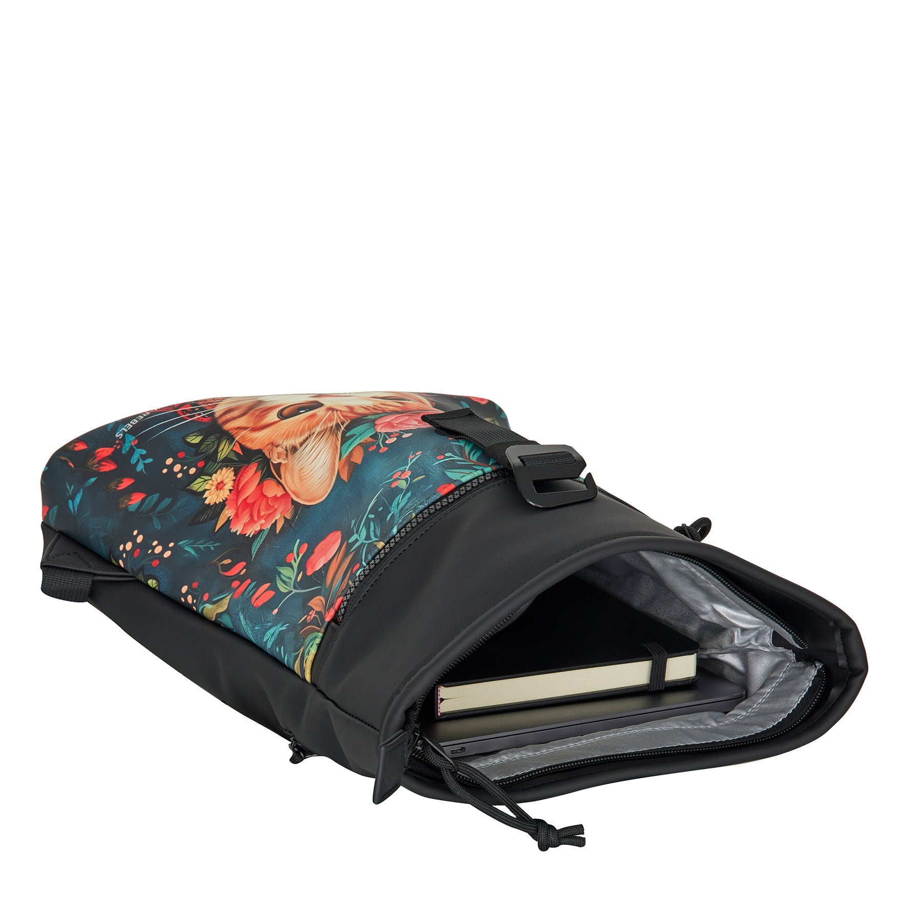New Rebels Cityrucksack mit Katzenmotiv – Wasserabweisender Rolltop Rucksack für Damen & Herren – Stylischer Daypack mit Blumen-Design