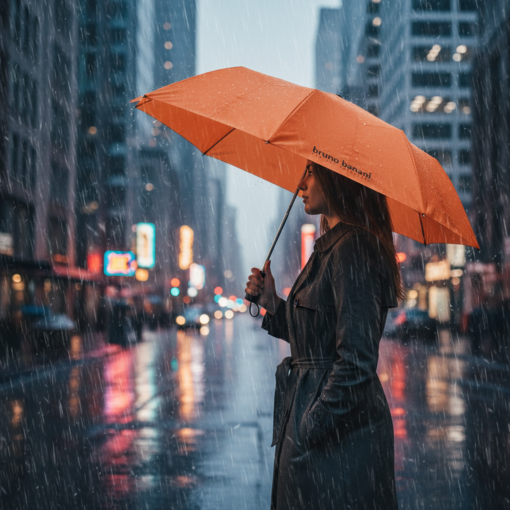 bruno banani Regenschirm Shorty – Handöffner, 7-teiliges Gestell, Polyester Pongee, mattierter Griff mit Logodruck, Schirmdach mit schwarzer Borte, Hülle mit Reißverschluss Orange