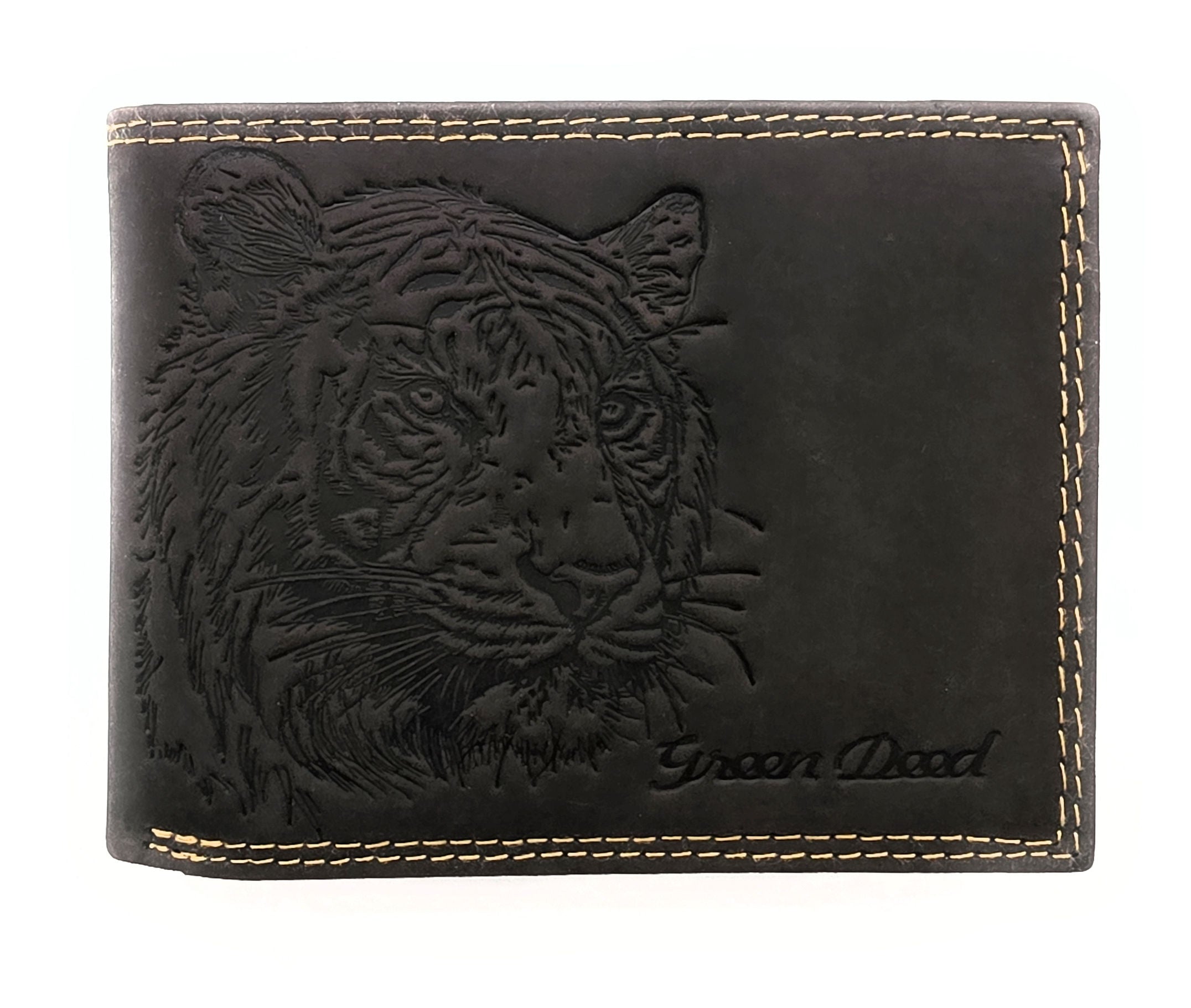 Green Deed Geldbörse aus Hunterleder – Dunkelbraun mit geprägtem Tiger & RFID-Schutz
