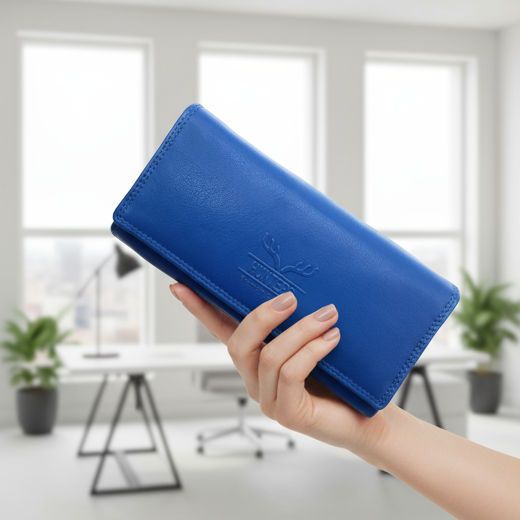 Große Damen Geldbörse aus Echtleder mit RFID-Schutz, 18 Kartenfächer, Langformat mit Münzfach & Doppelnaht blau