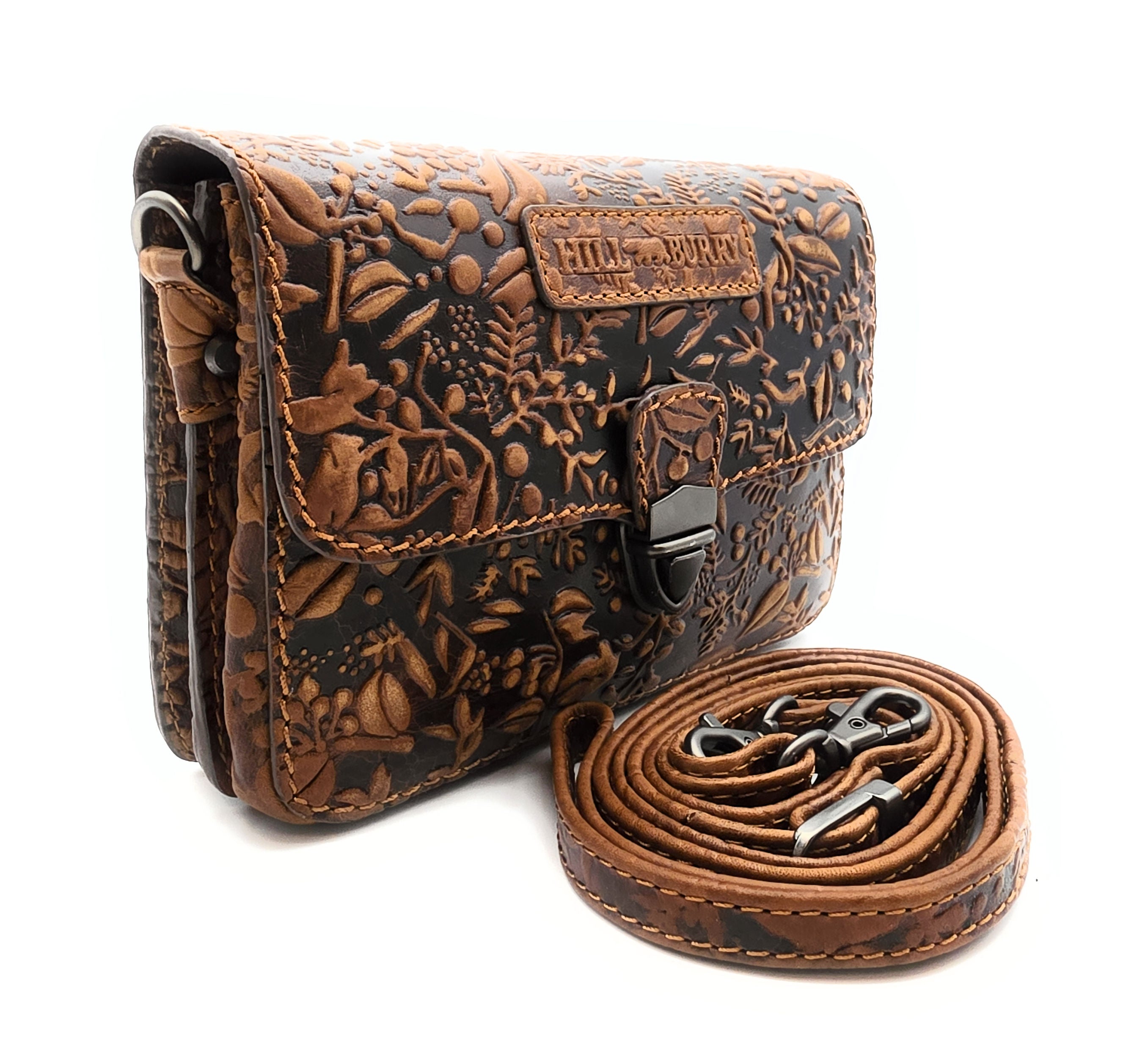 Hill Burry Damen Gürteltasche – Echtleder, floral geprägt, Braun