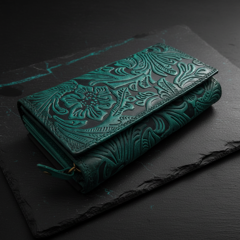 Damen Geldbörse Groß Echt Leder RFID Schutz - Büffelleder Portemonnaie mit 18 Kartenfächern - Große Brieftasche mit Blumenprägung grün