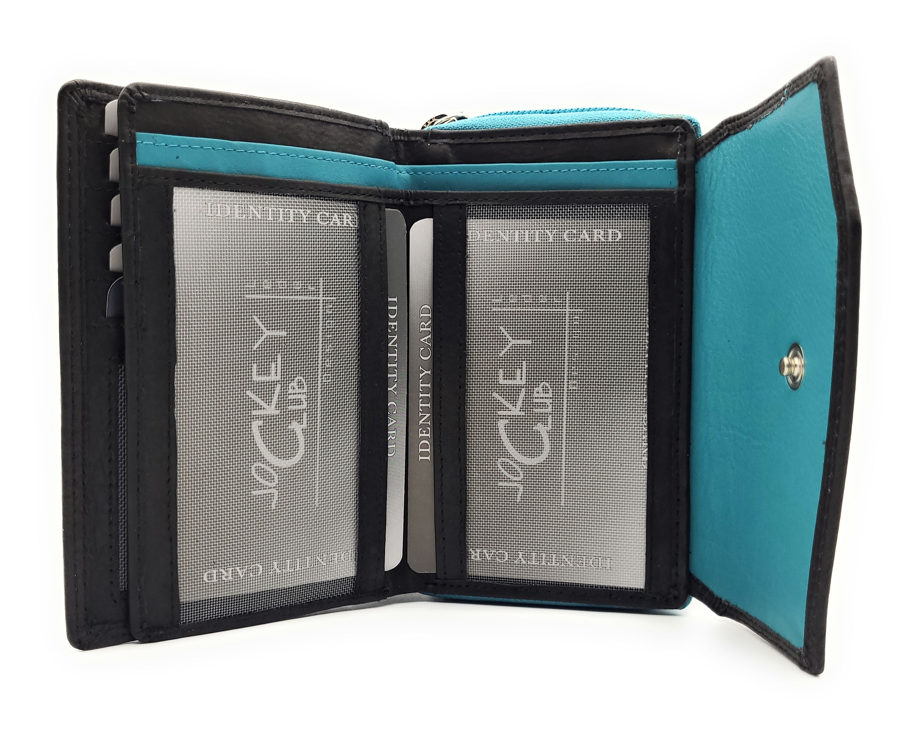 Jockey Club Leder-Geldbörse mit RFID-Schutz – Triangel-Design schwarz-türkis